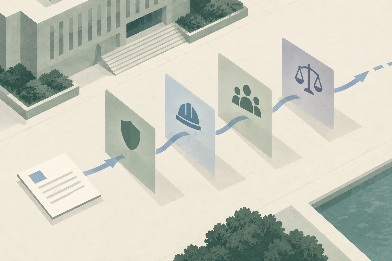 Top-down cut-paper illustration of a rectangular public-activity application moving through four muted geometric assessment bands, with an interrupted outer boundary and a simplified institutional block beside it.