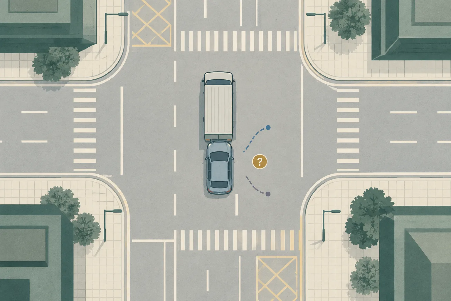 Top-down cut-paper diagram of a Hong Kong road junction with two simplified vehicles aligned after a minor rear-end collision and two unfinished diverging lines beside the rear vehicle, suggesting an unresolved account.