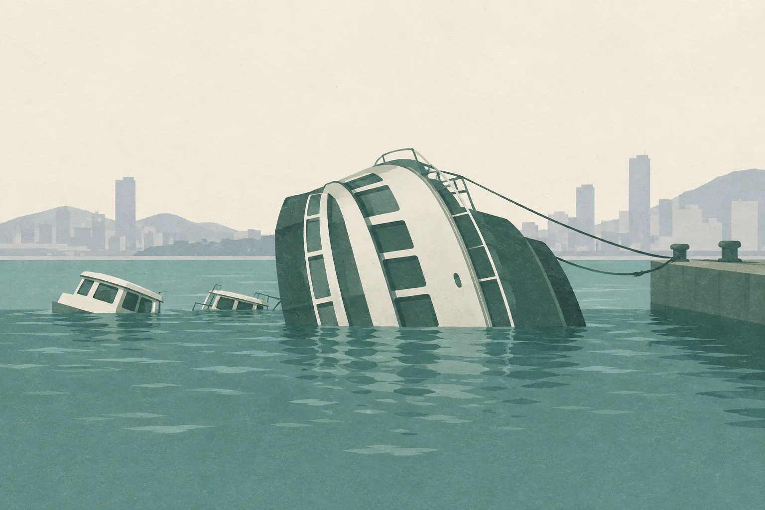 A simplified cut-paper illustration shows an overturned tourist boat partly below a calm waterline at a minimal waterfront edge, secured by two ropes, with two smaller partially submerged boats nearby.