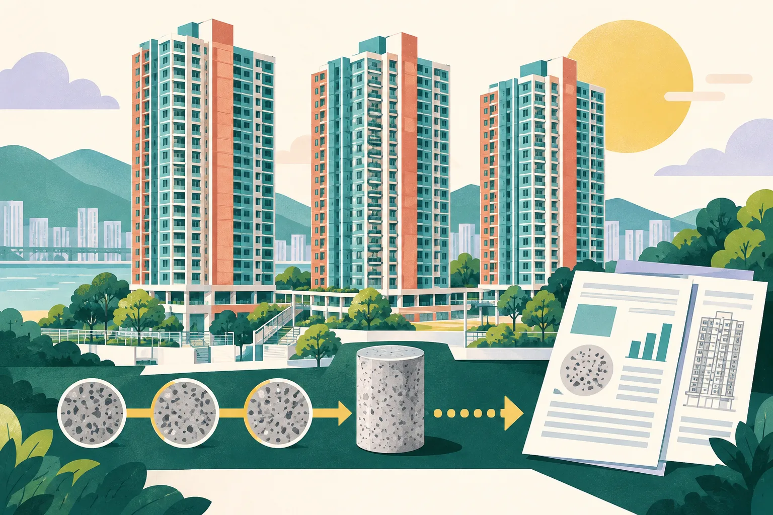 Cut-paper illustration of three intact public-housing towers beside concrete core-sample markers and a technical review sheet, connected by a measured testing pathway.