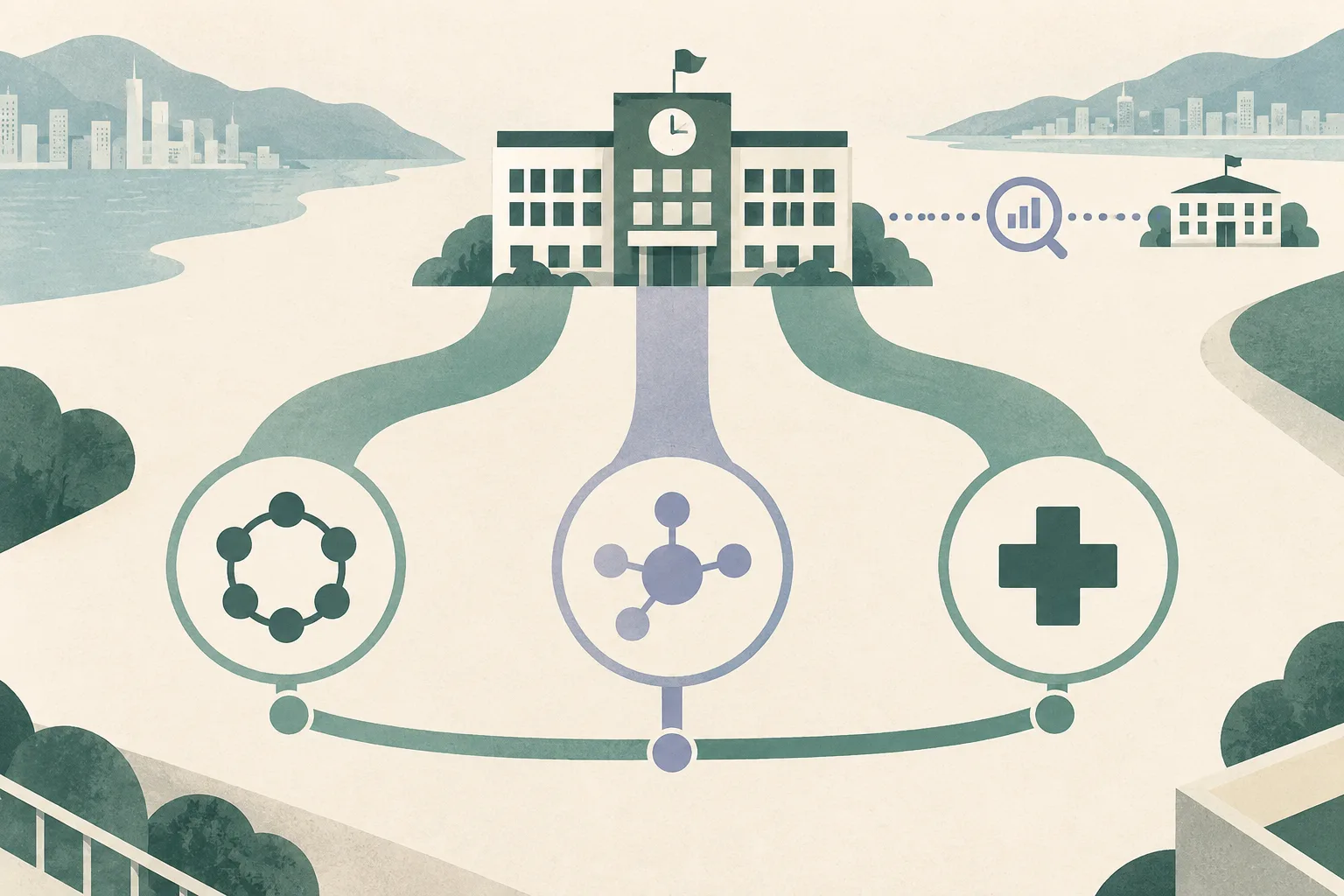 A restrained cut-paper diagram shows a simplified school building connected to three support pathways for school teams, external services and medical care, with a smaller trial pathway for upper-primary classes and a monitoring line for the new school year; no people are shown.