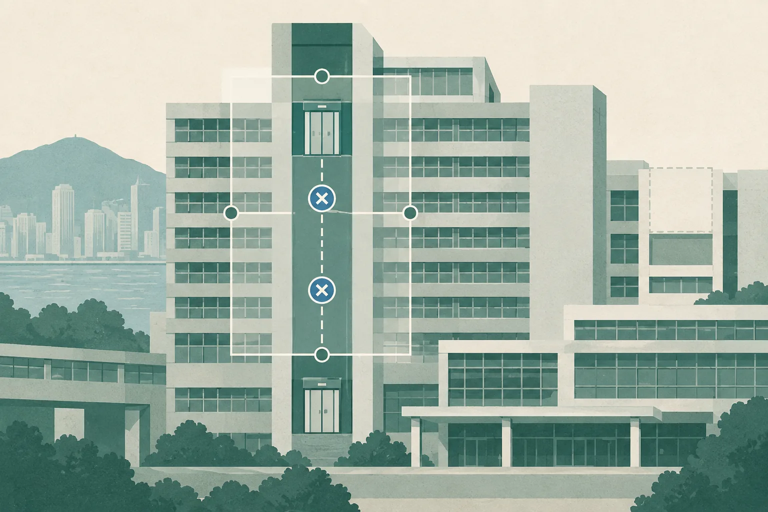 A cut-paper illustration of a hospital clinical building with a simplified lift shaft, an interrupted vertical service line and a translucent geometric review frame; no people are shown.