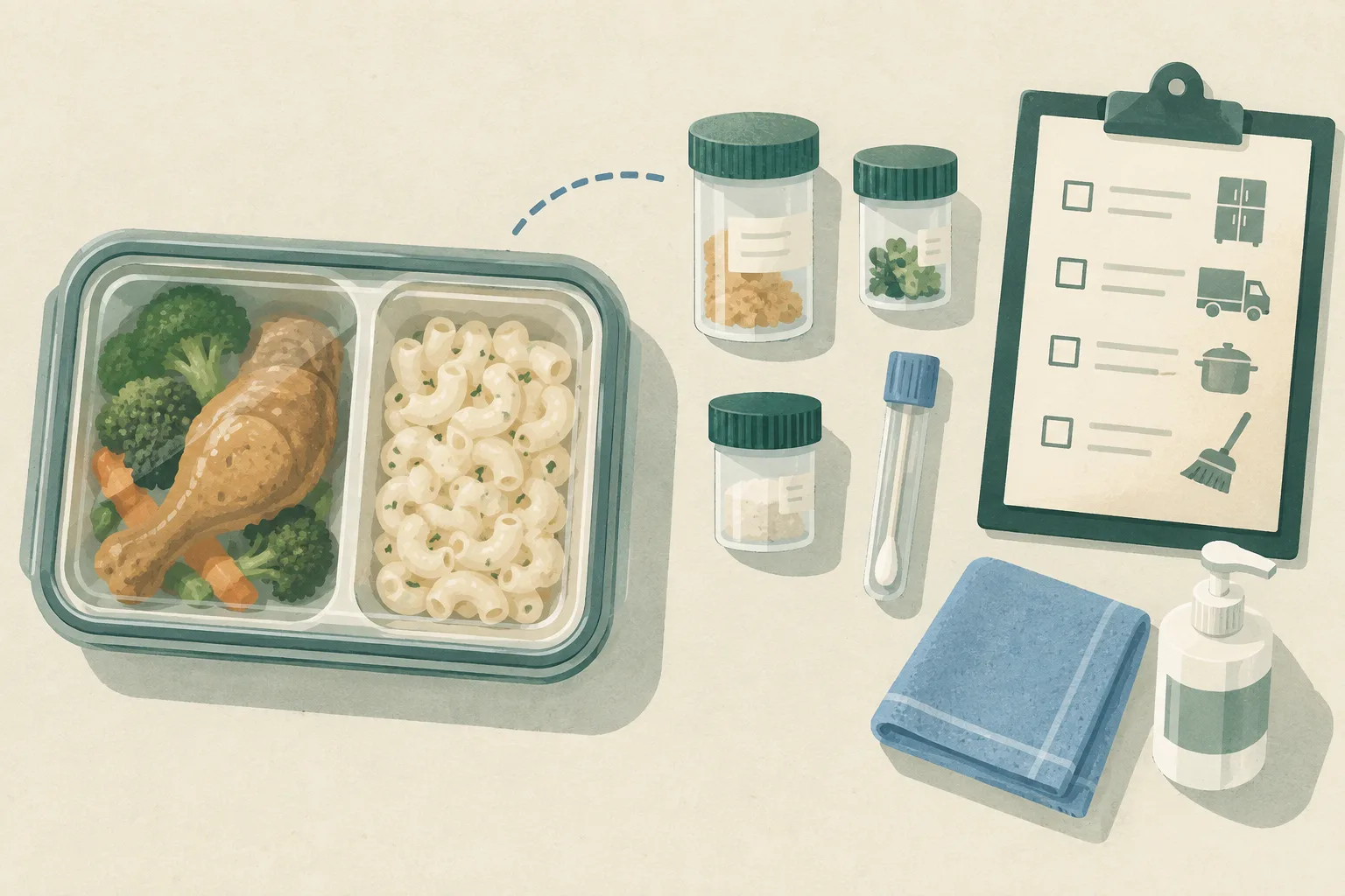 Top-down illustration of a divided school lunch tray with chicken and macaroni beside sealed sample containers, an inspection form and cleaning materials on a softly textured surface.
