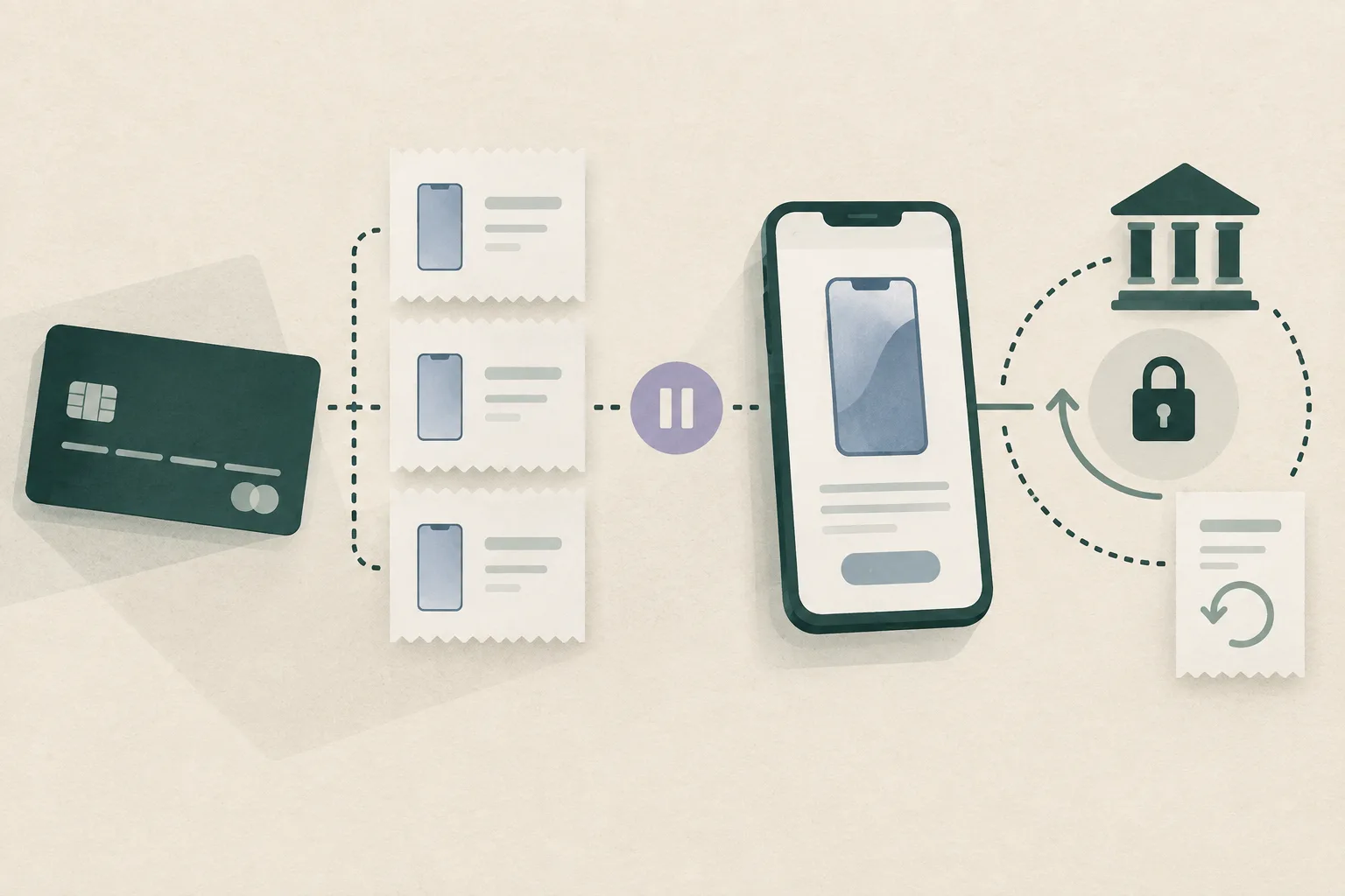 Top-down cut-paper diagram showing a generic payment card, smartphone, transaction blocks and an interrupted route leading into a neutral review-and-return process with a lock and pause symbol.