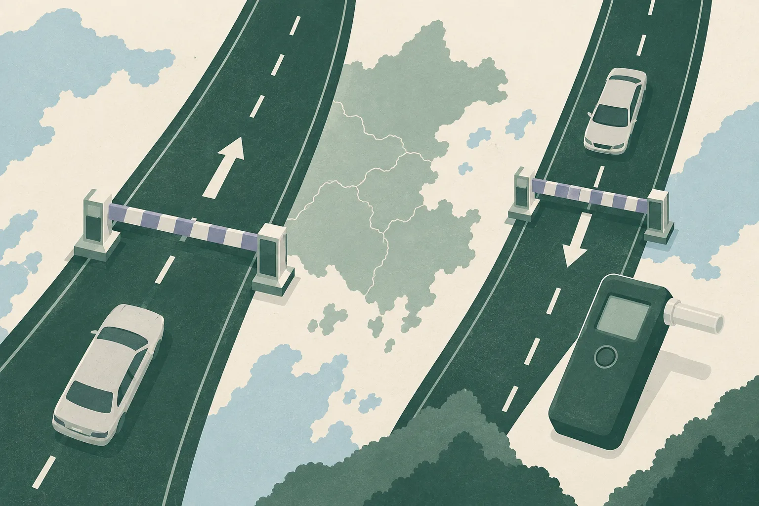 Top-down cut-paper diagram showing two separate road sections with neutral checkpoint barriers, lane markings, directional arrows and a small breath-test device beside one route.