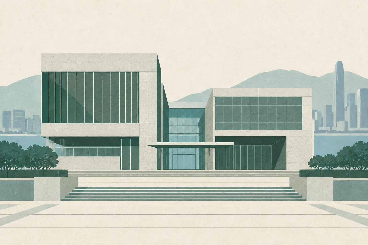 Flat cut-paper illustration of a quiet civic-administration building formed from layered rectangular blocks, with a visible threshold line and connected structural joints suggesting the formation of a new government system.
