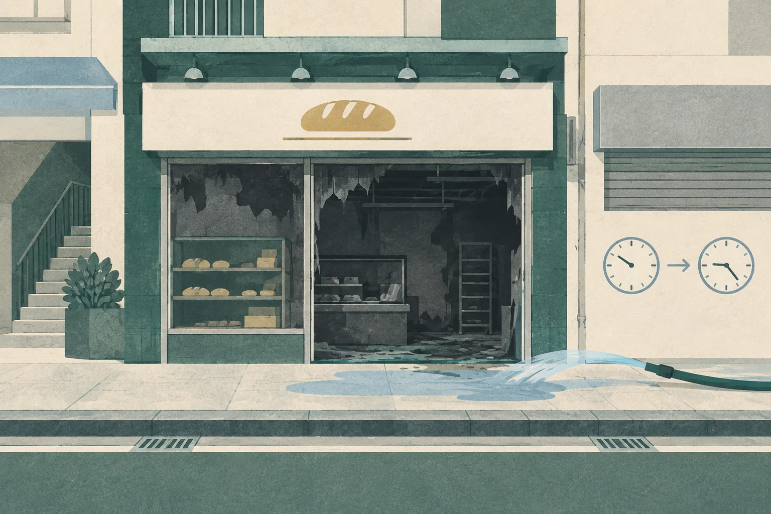 Flat cut-paper illustration of a ground-floor bakery frontage with a darkened interior, a simple pavement boundary, a restrained water-jet symbol and small clock marks indicating the reported response period.