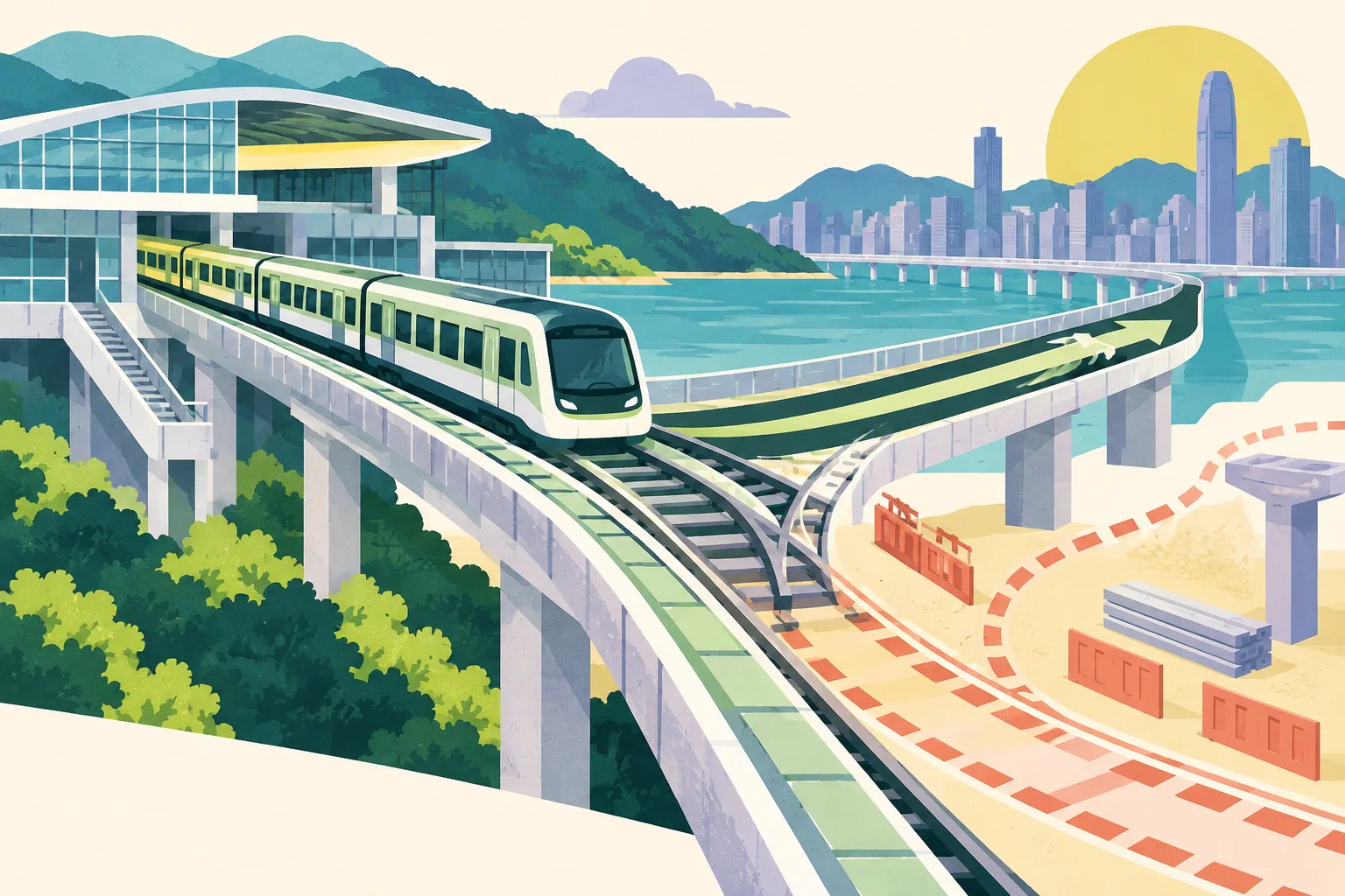 A flat cut-paper illustration of a simplified rail station and solid track route extending toward the Hong Kong-bound direction, alongside a separate dashed branch and abstract turnout shapes for planned future works. Equal rhythm marks suggest unchanged train frequency.