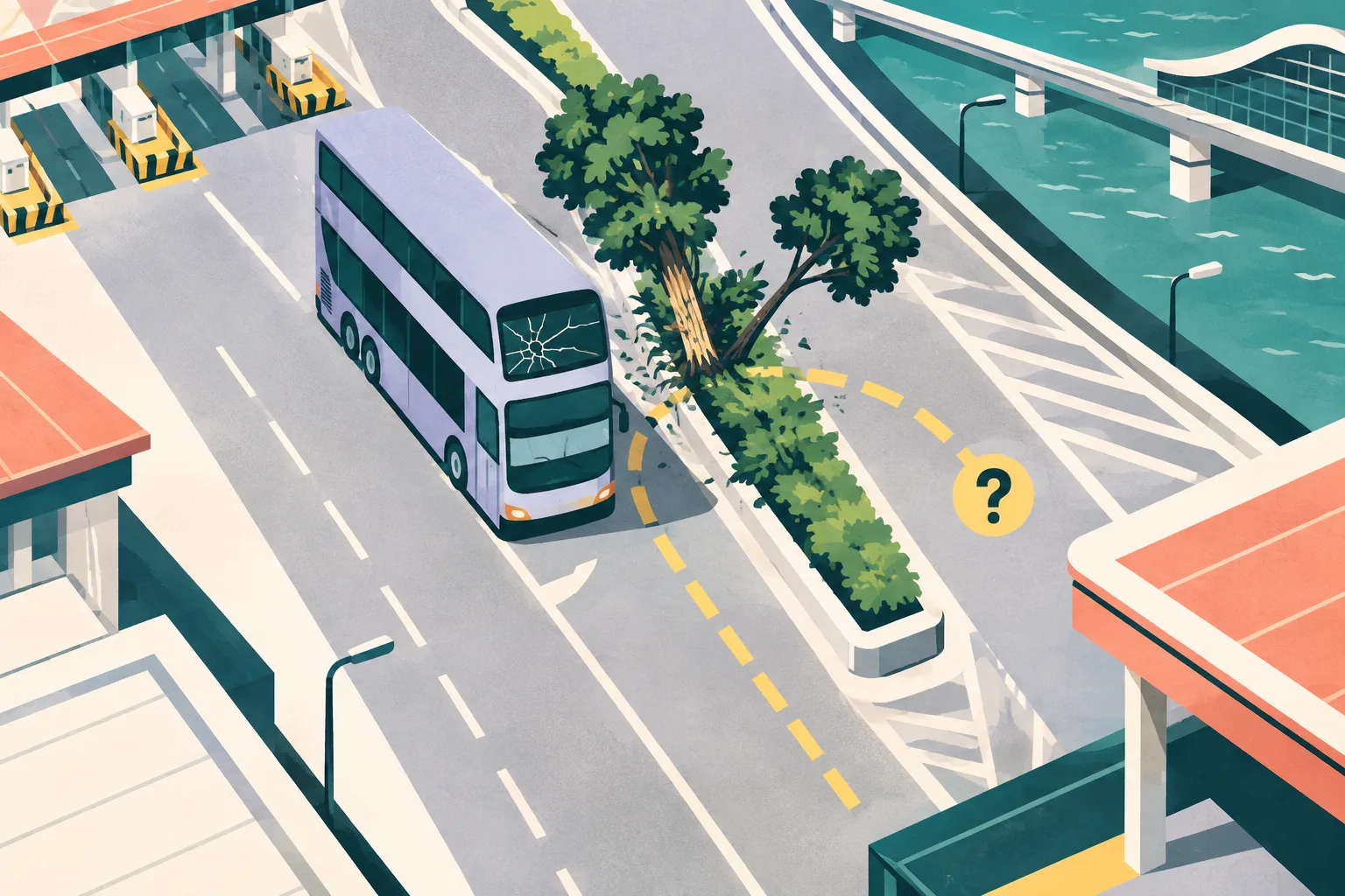 Top-down cut-paper illustration of a port roadway with a simplified bus beside a central divider, two damaged trees, a contained cracked-windscreen pattern and an interrupted route line.