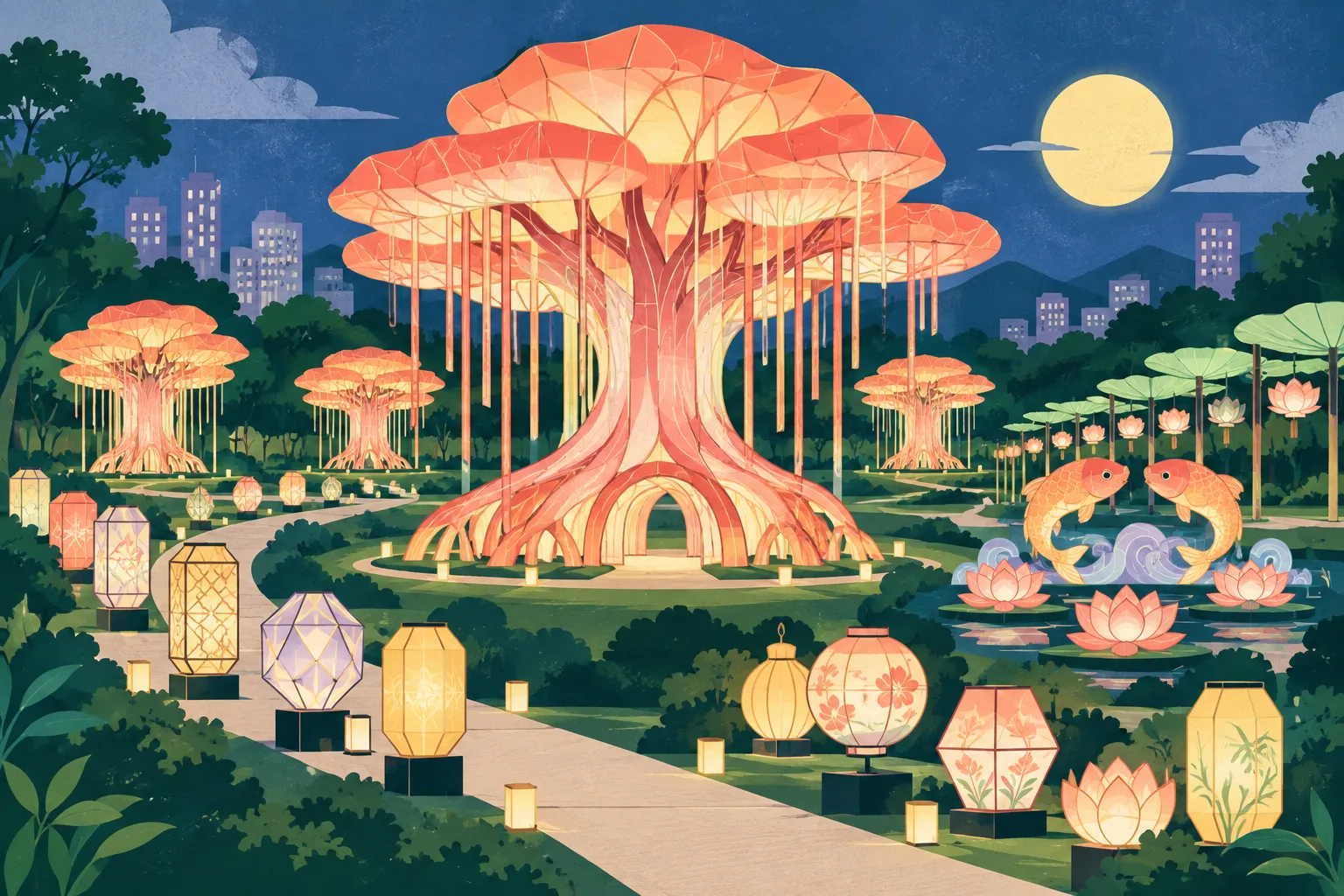 Flat cut-paper illustration of a planned lantern festival setting, featuring a large layered banyan-tree lantern with exposed roots, smaller lanterns arranged along an avenue, and simplified moon, paired-fish and lotus installations on a Victoria Park ground plane.