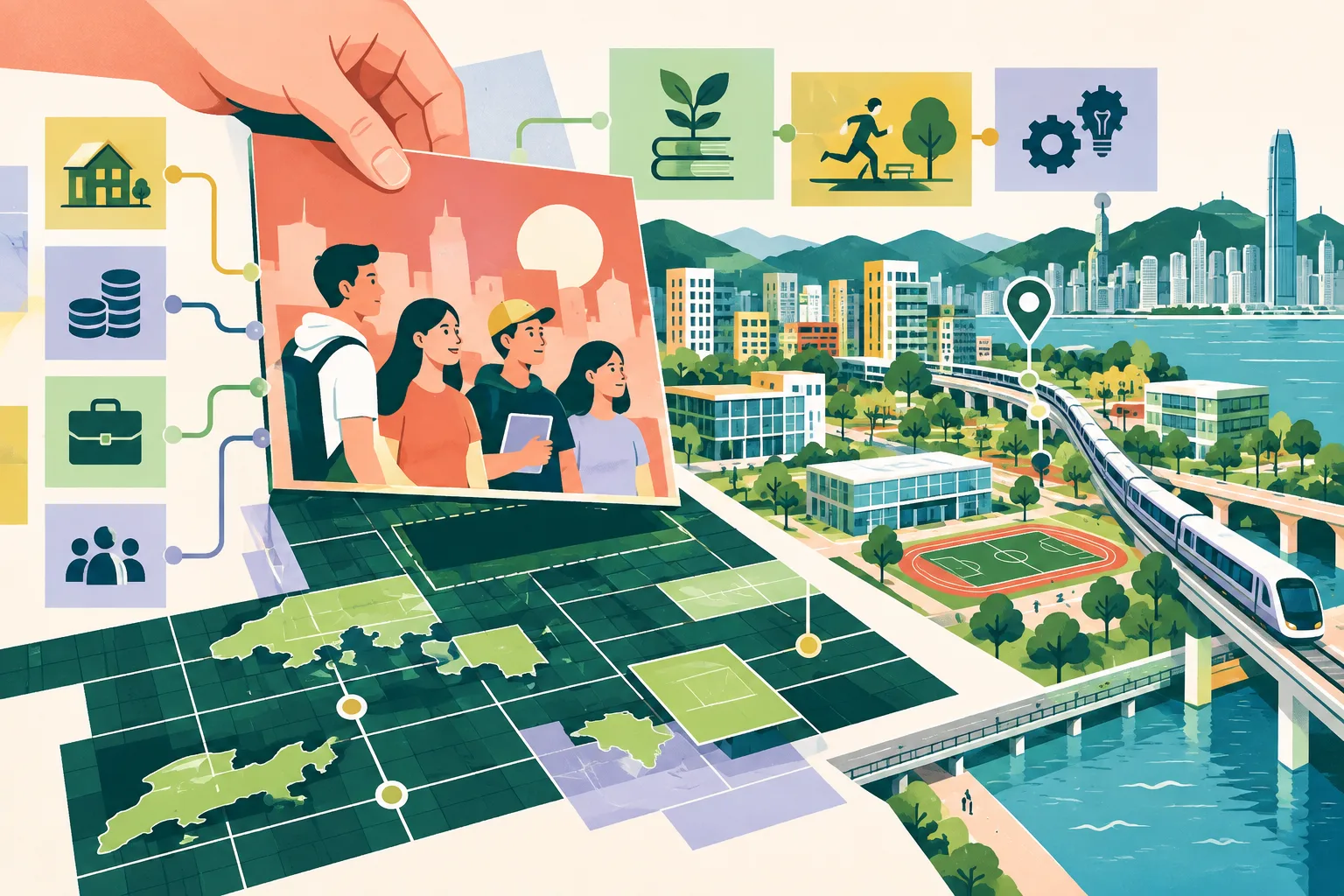 Flat cut-paper illustration of a Hong Kong civic planning grid with a highlighted inset policy panel, connected urban blocks, a north–south transit line and abstract feedback markers in a bright multi-accent palette.