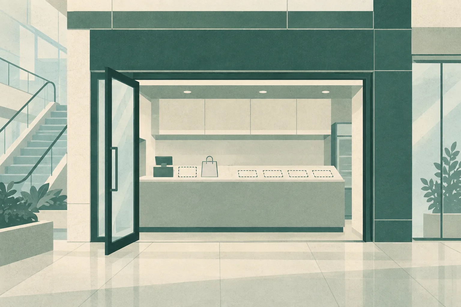 Flat cut-paper illustration of a takeaway shop in a mall, with its entrance door open and a mostly empty service counter marked by four understated vacant tablet-shaped outlines and a small blank bag outline.