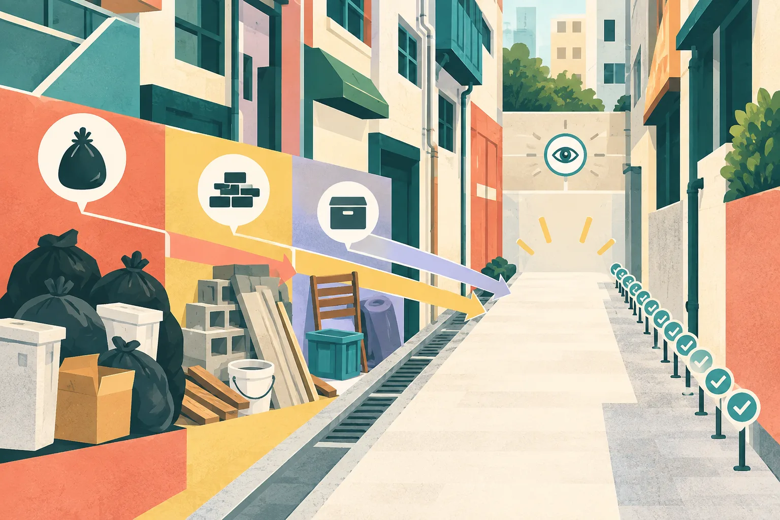 A cut-paper illustration of a Hong Kong dead-end lane, with simplified building facades, separate geometric groups representing household and construction waste, repeated cleaning markers, and an open cleared passage leading through the composition.