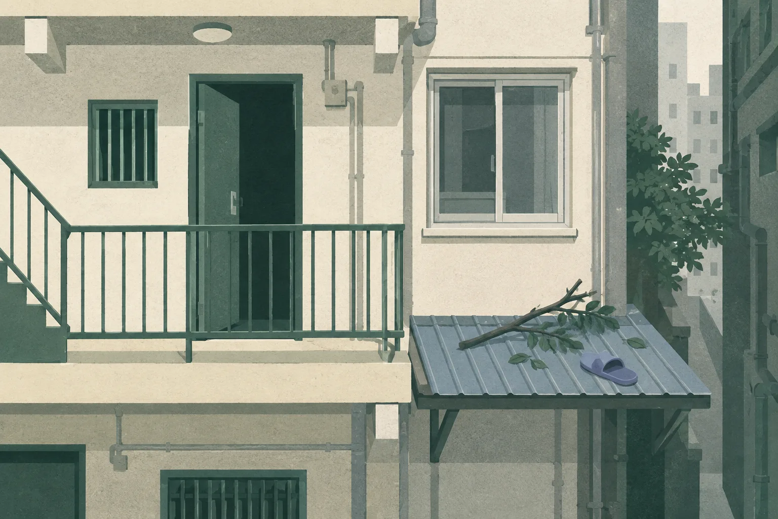 Cut-paper architectural illustration of a first-floor urban flat with an open doorway and aluminium window above a rear-lane canopy; a broken branch and single slipper sit nearby, with no people visible.