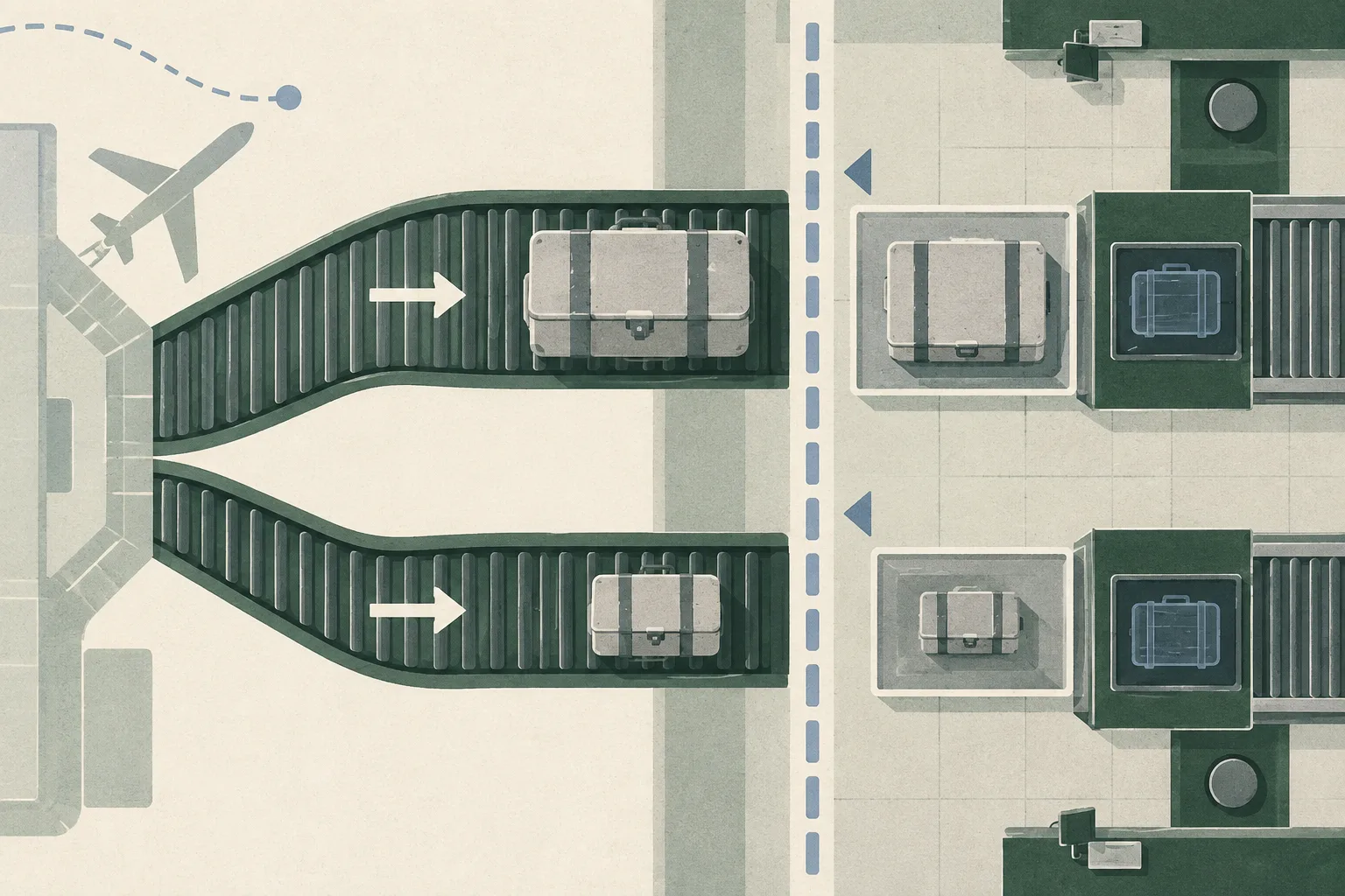 Top-down cut-paper diagram of two separate baggage lanes entering a simplified airport customs inspection zone, with two sealed containers of different sizes beyond a clear boundary, route arrows and a screening grid in muted blue, dusty teal and soft coral.