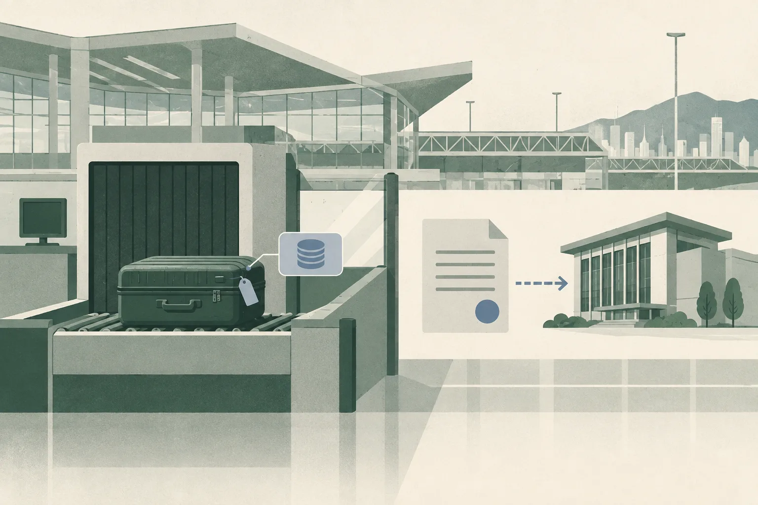 Flat cut-paper illustration of a simplified Lok Ma Chau control-point arrival hall, with closed luggage paused at an inspection boundary, a permit document panel and a restrained administrative referral line.