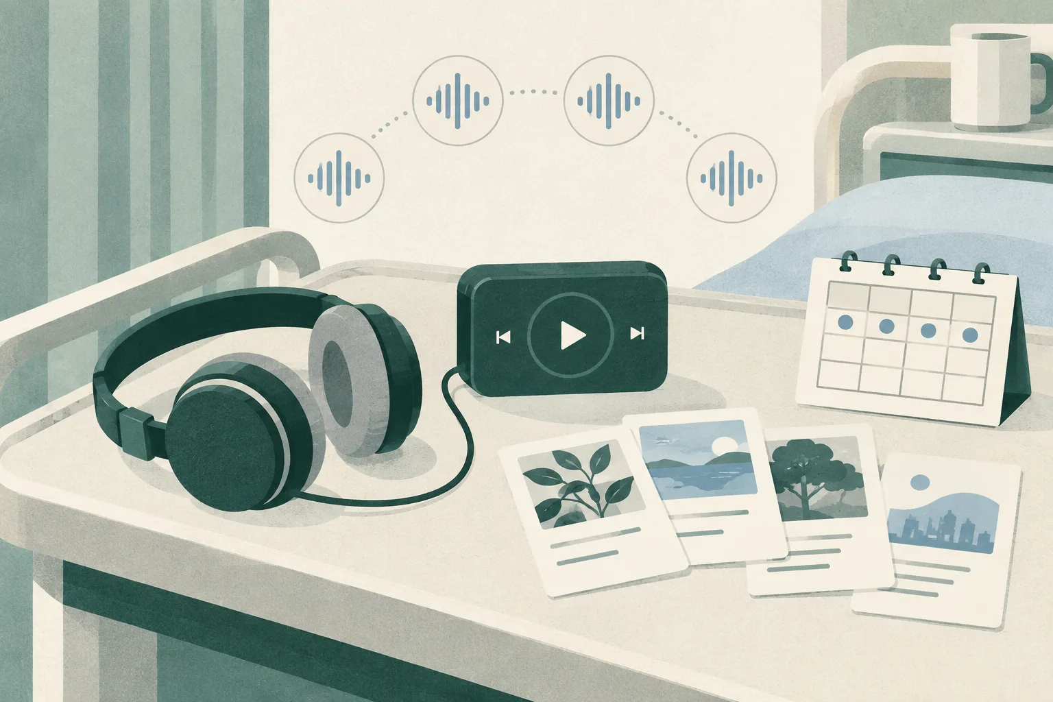 A simplified hospital bedside still life with a music player, headphones, playlist cards and four evenly spaced sound-wave markers on a care chart.