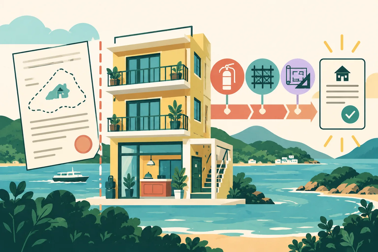 Flat cut-paper illustration of a small low-rise island guesthouse beside an offset deed document and a geometric licensing pathway, with separate fire-safety, structural-check and engineering symbols still in place.
