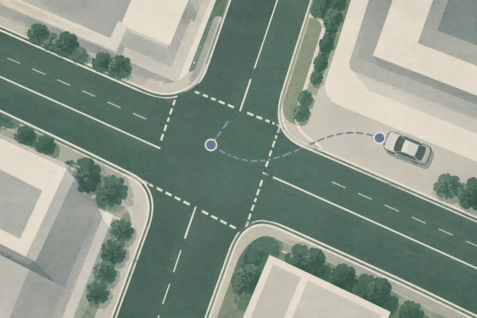 Top-down cut-paper illustration of a Kwai Chung road junction with two crossing roads, a single stationary private car set apart, and an interrupted line with small location markers.