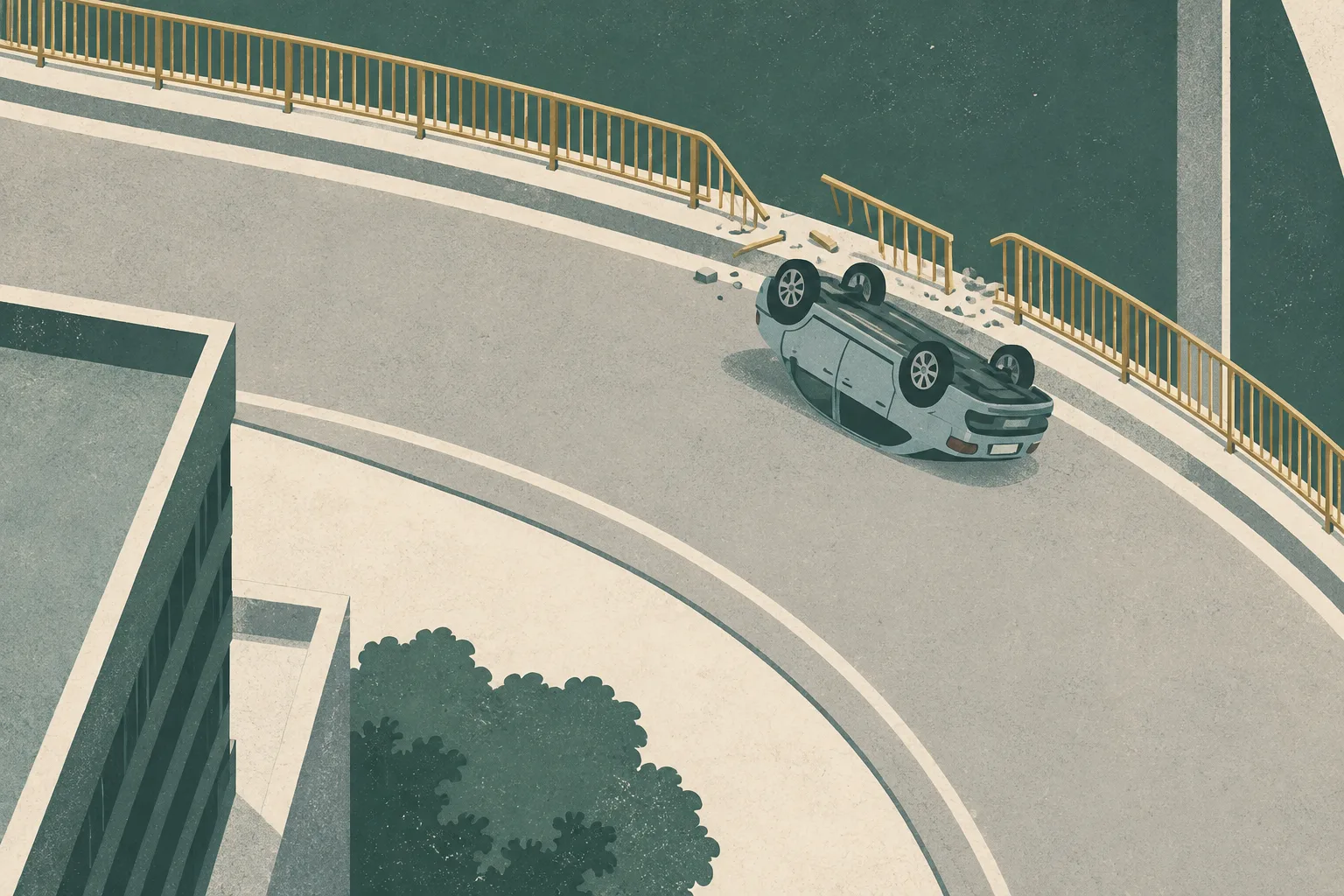 Top-down cut-paper illustration of a generic urban road curve with an overturned car beside an interrupted line of roadside railings and a simplified built-up block.