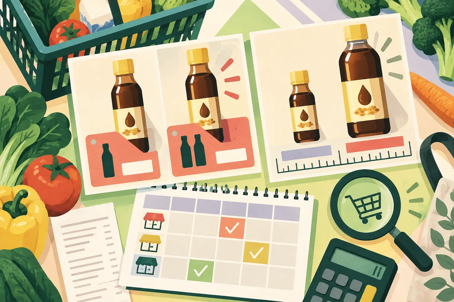 Top-down cut-paper comparison board with paired grocery packs, unit-price labels, a weekly calendar showing varied highlighted bargain days, and a Consumer Council information card.