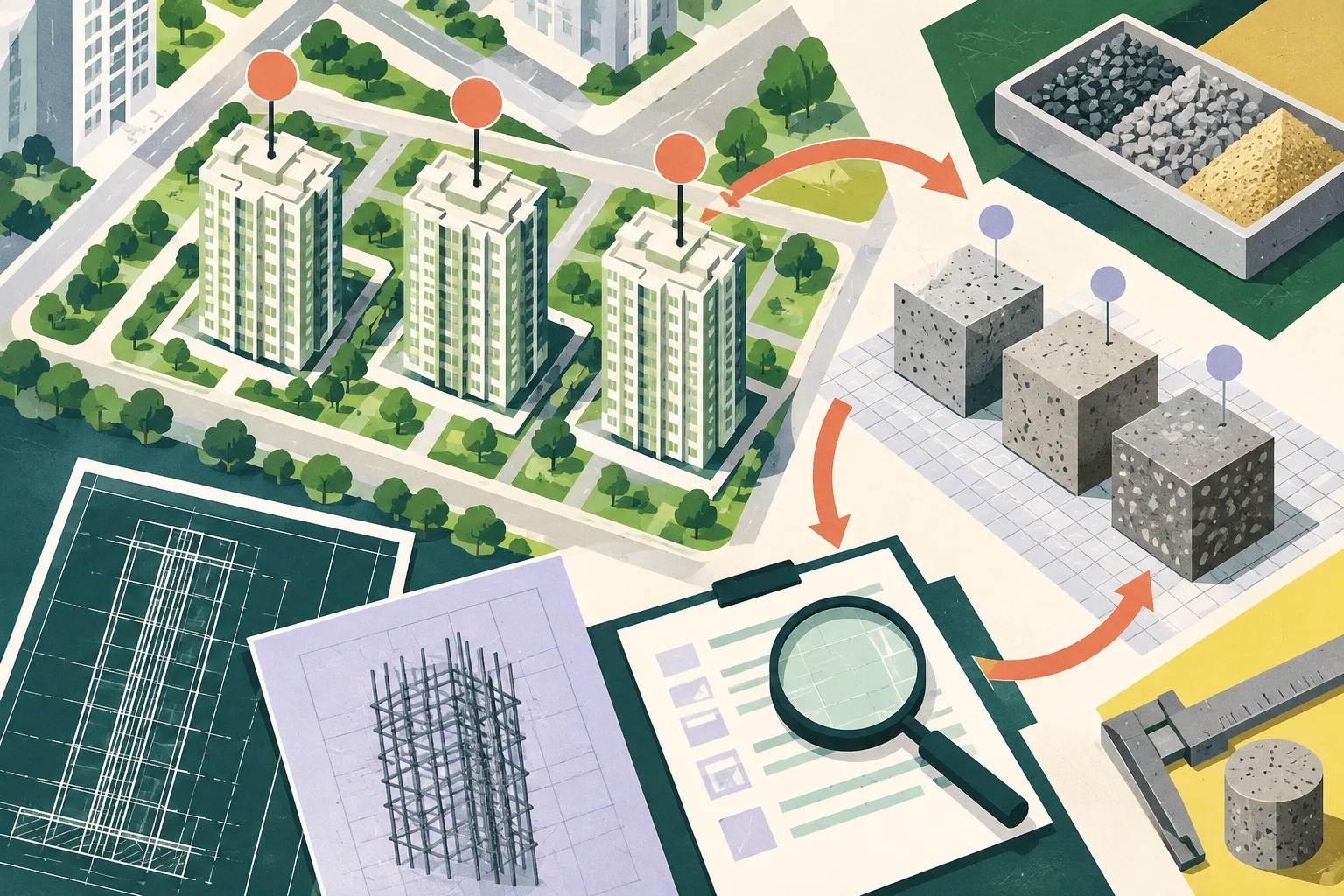 Top-down editorial diagram showing three simplified housing-block footprints, concrete test cubes on a measurement grid, and arrows looping toward repeat inspection markers.