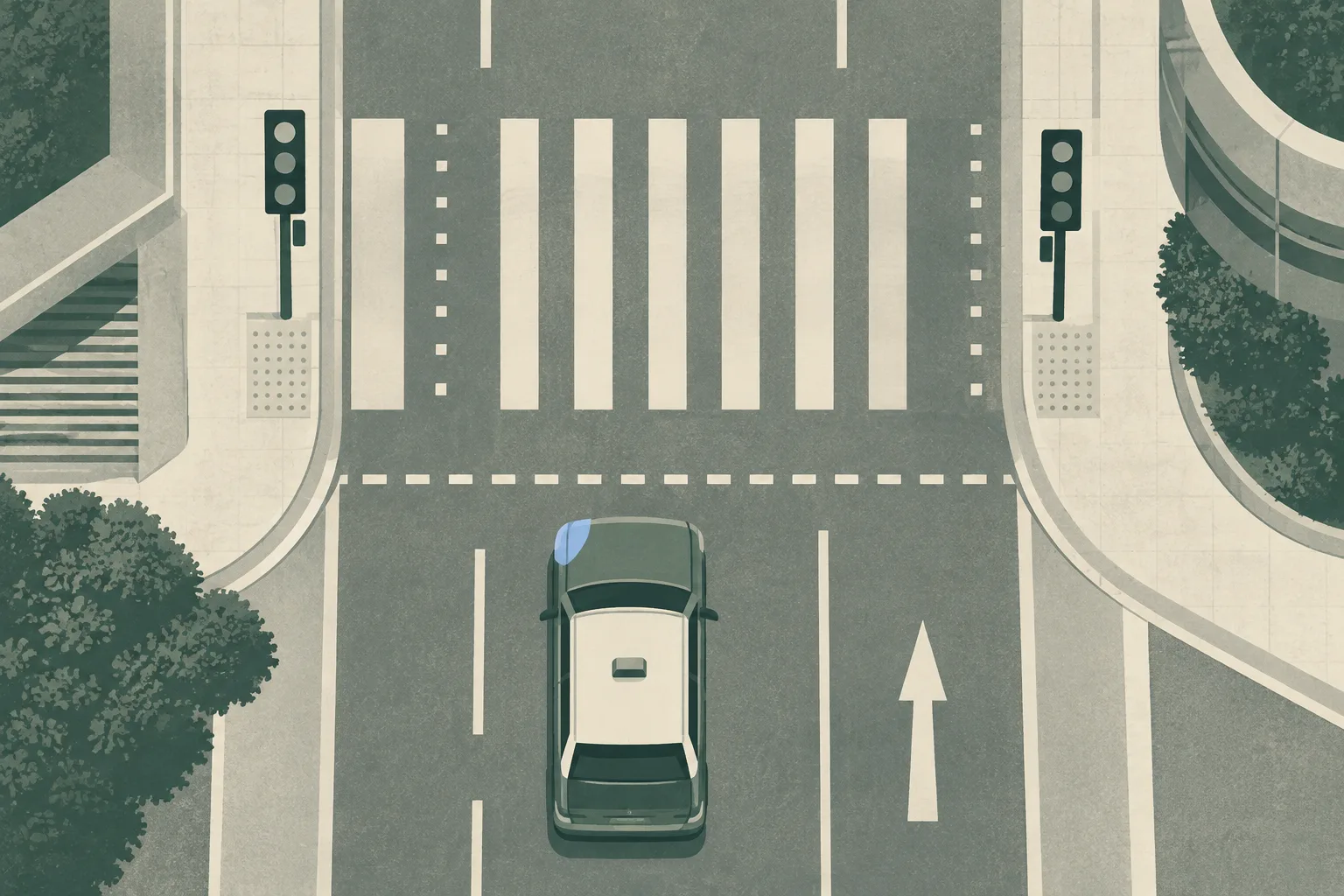 Top-down editorial illustration of a signal-controlled road crossing near Po Tat Estate, with zebra stripes, traffic lights, an abstract taxi showing a damaged left-front light, an uphill road arrow and a restrained investigation boundary.