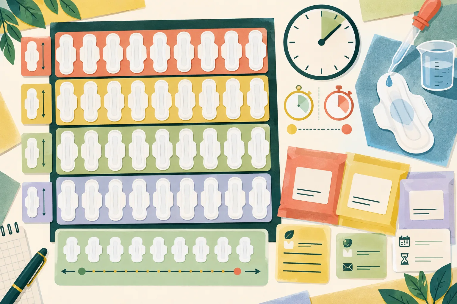 Top-down cut-paper illustration of grouped unbranded sanitary napkin sample shapes beside an absorption-timing track marked at 60 and 73 seconds, with abstract packaging information cards showing ingredient, supplier-contact and shelf-life fields.