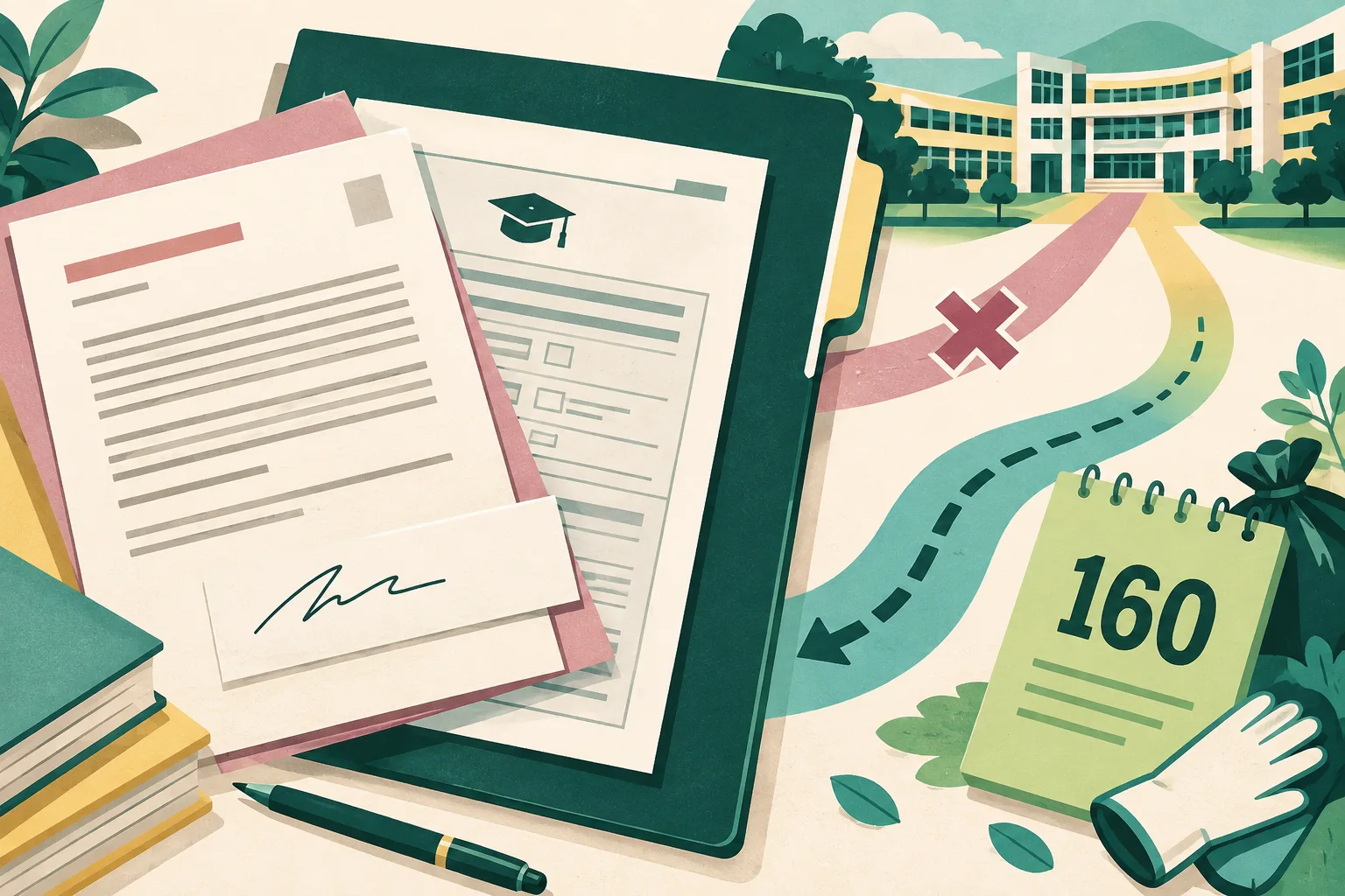 Top-down editorial illustration of layered doctoral application papers and a recommendation letter with a separated signature area, alongside a university file folder and a card marked 160 for community service; no people are shown.