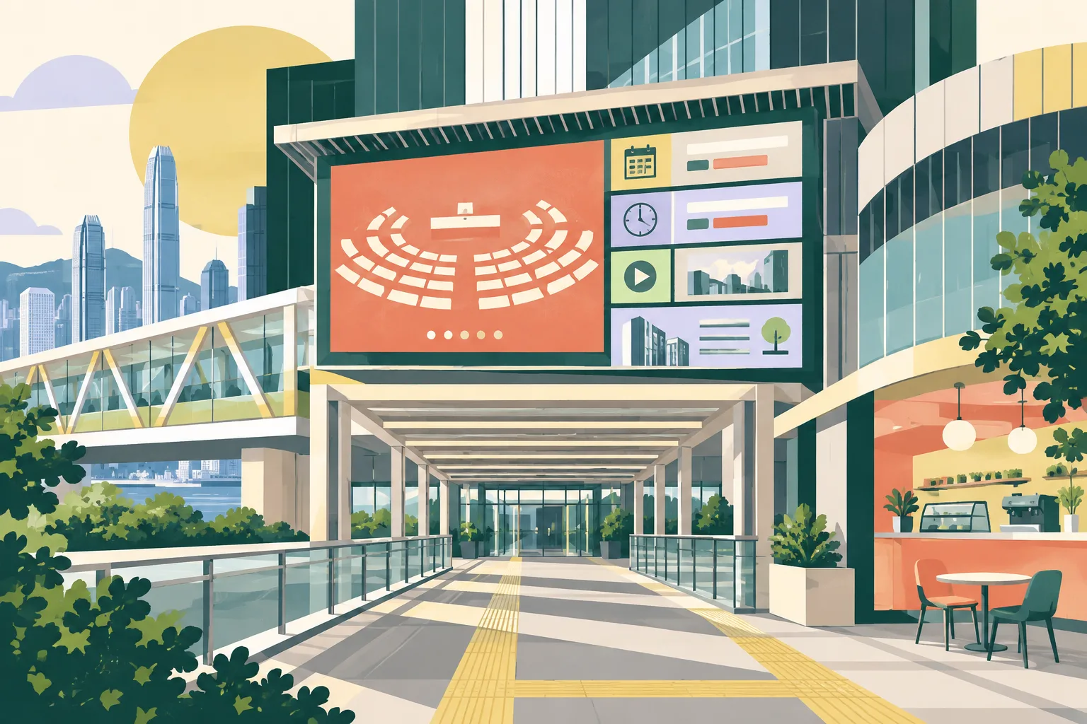 Flat cut-paper illustration of a civic footbridge entrance with a prominent abstract LED information screen, geometric schedule panels, and a small adjoining café counter and table.