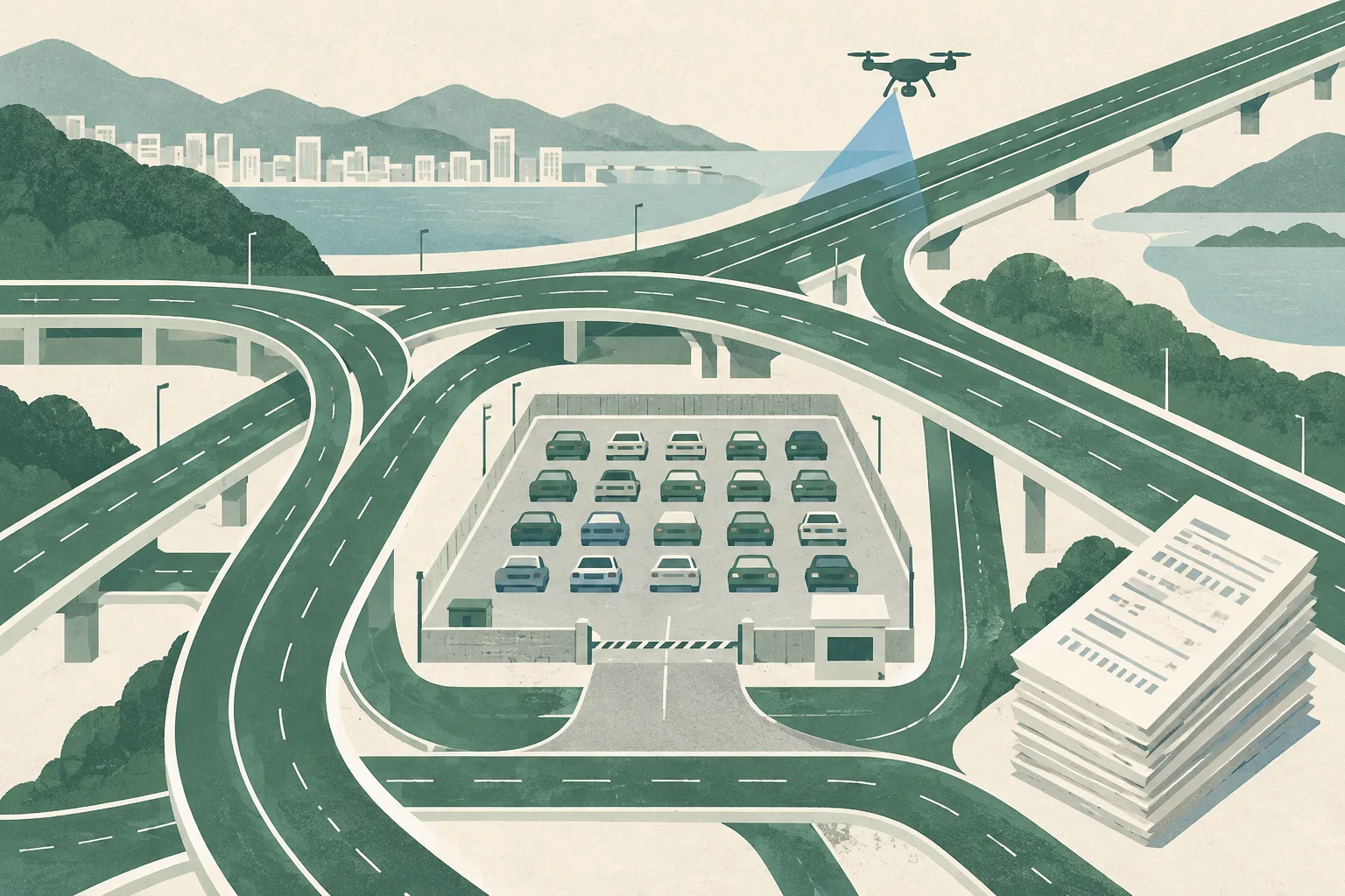 A flat cut-paper illustration of intersecting New Territories South roads, an abstract drone marker, a bounded vehicle inspection area and stacked penalty slips, arranged in a calm civic information graphic.