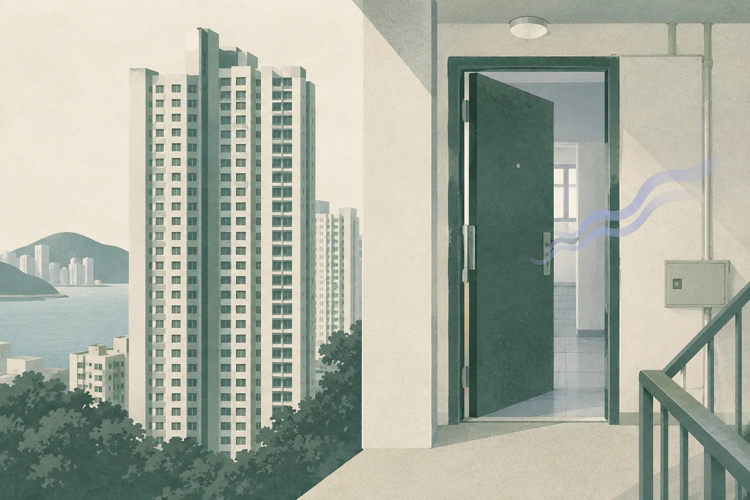 A subdued cut-paper illustration of a residential tower and an apartment entrance with a displaced door, separated by open architectural space and a faint abstract air-current line.