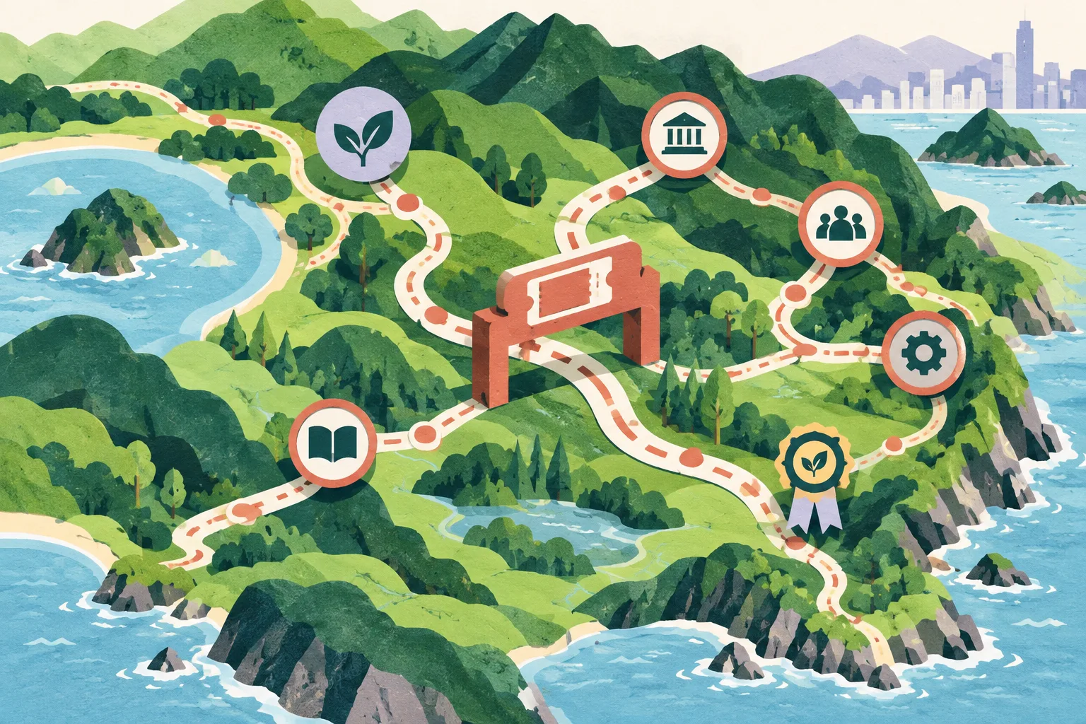 Top-down cut-paper illustration of layered countryside contours connected by winding routes, a geometric reservation marker, linked coordination nodes, and conservation and guide-certification symbols.