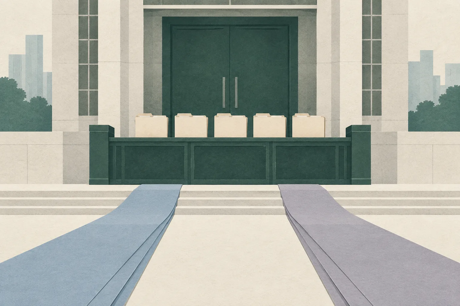 A flat cut-paper illustration of a simplified High Court facade and closed courtroom doorway, with five unmarked case folders behind a low boundary and two parallel paper pathways approaching the same entrance.