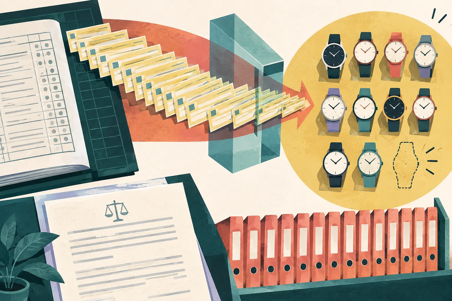 Top-down illustration of cheque forms flowing from an abstract company ledger toward simplified unbranded watch shapes, with one empty outlined position and a restrained court-order sheet.