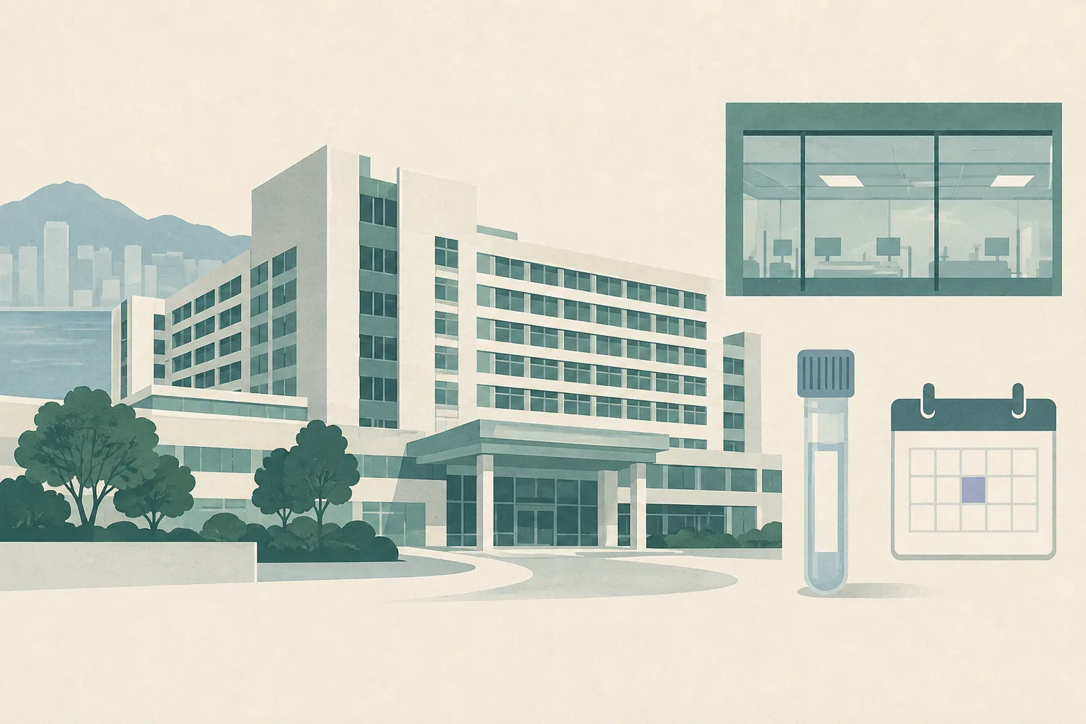 A muted cut-paper illustration of a hospital elevation with an ICU window grid, a sealed respiratory sample tube and a small vaccination calendar panel marked 17 September.