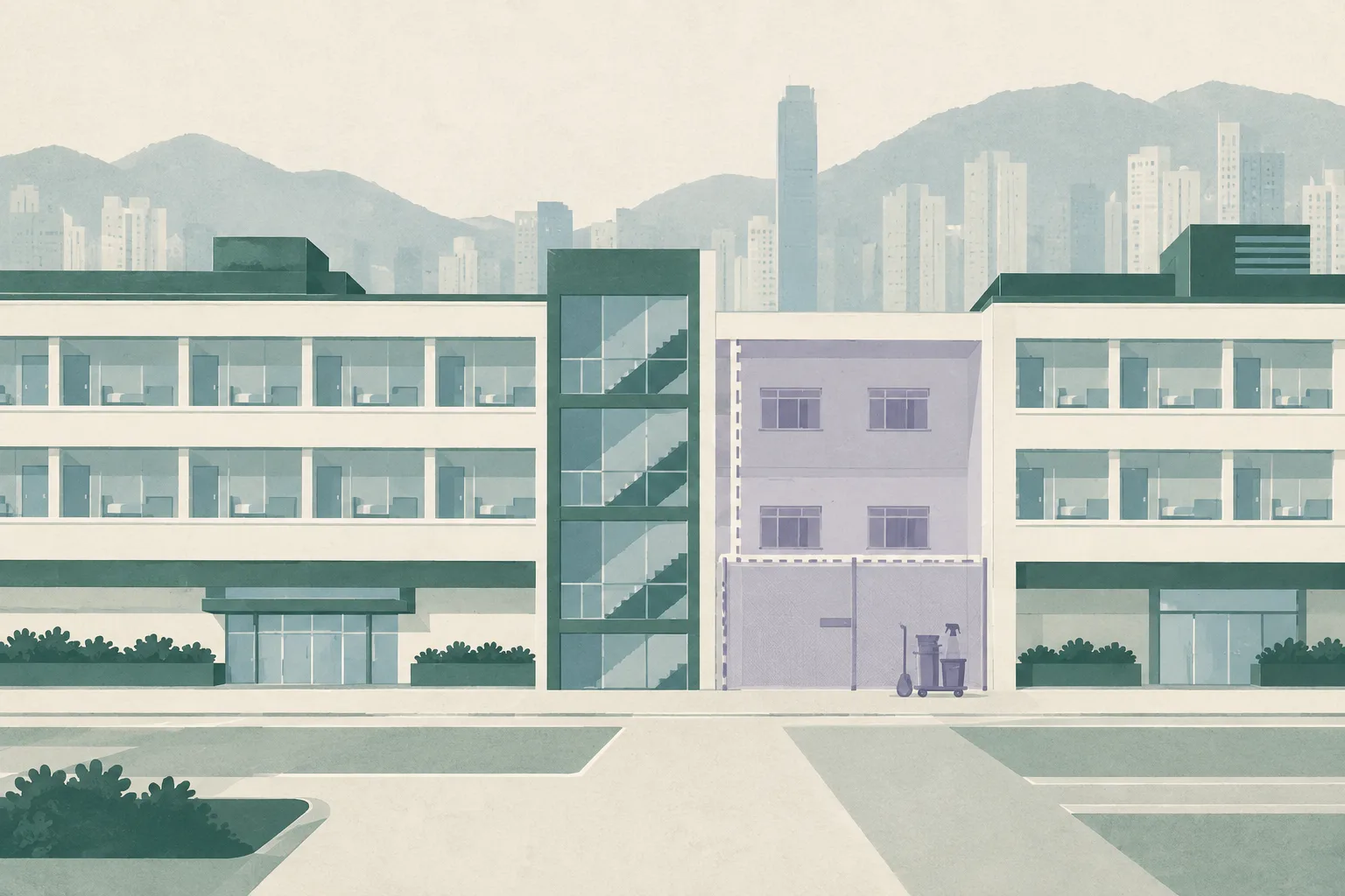 A cut-paper illustration of a hospital ward façade divided into chest-medicine and convalescent sections, with a closed isolation area, a small cleaning cart, and a grid of 24 quiet window modules.