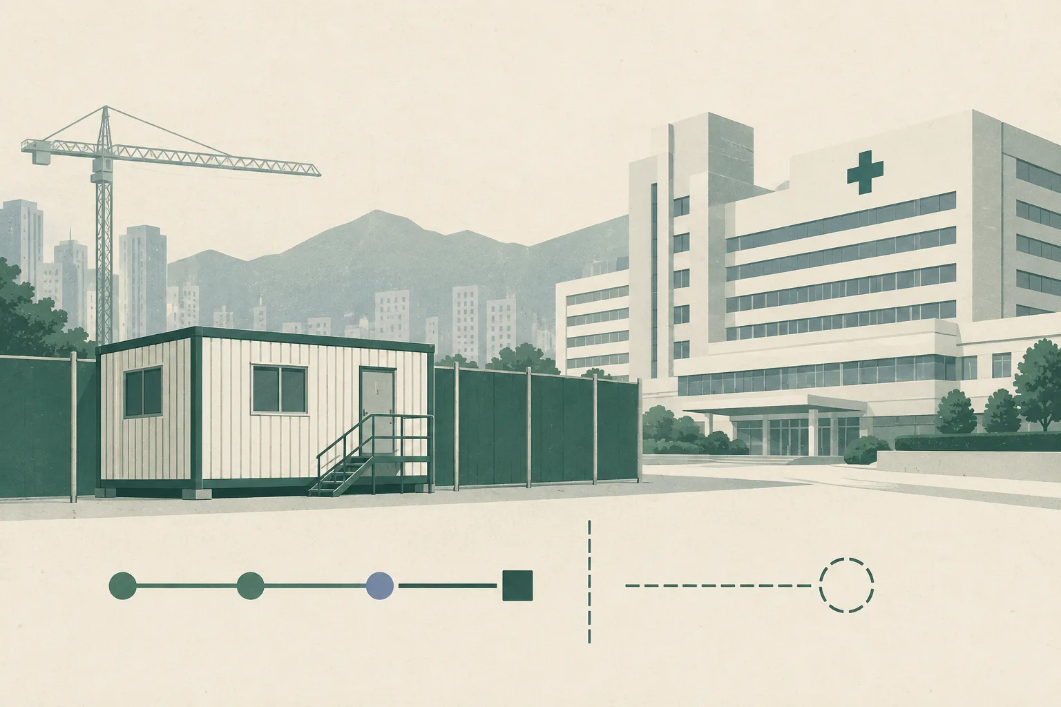 A flat cut-paper illustration of a container office inside a marked hospital redevelopment site, with a simplified hospital building behind it, two small alarm-status markers and an open-ended investigation line.