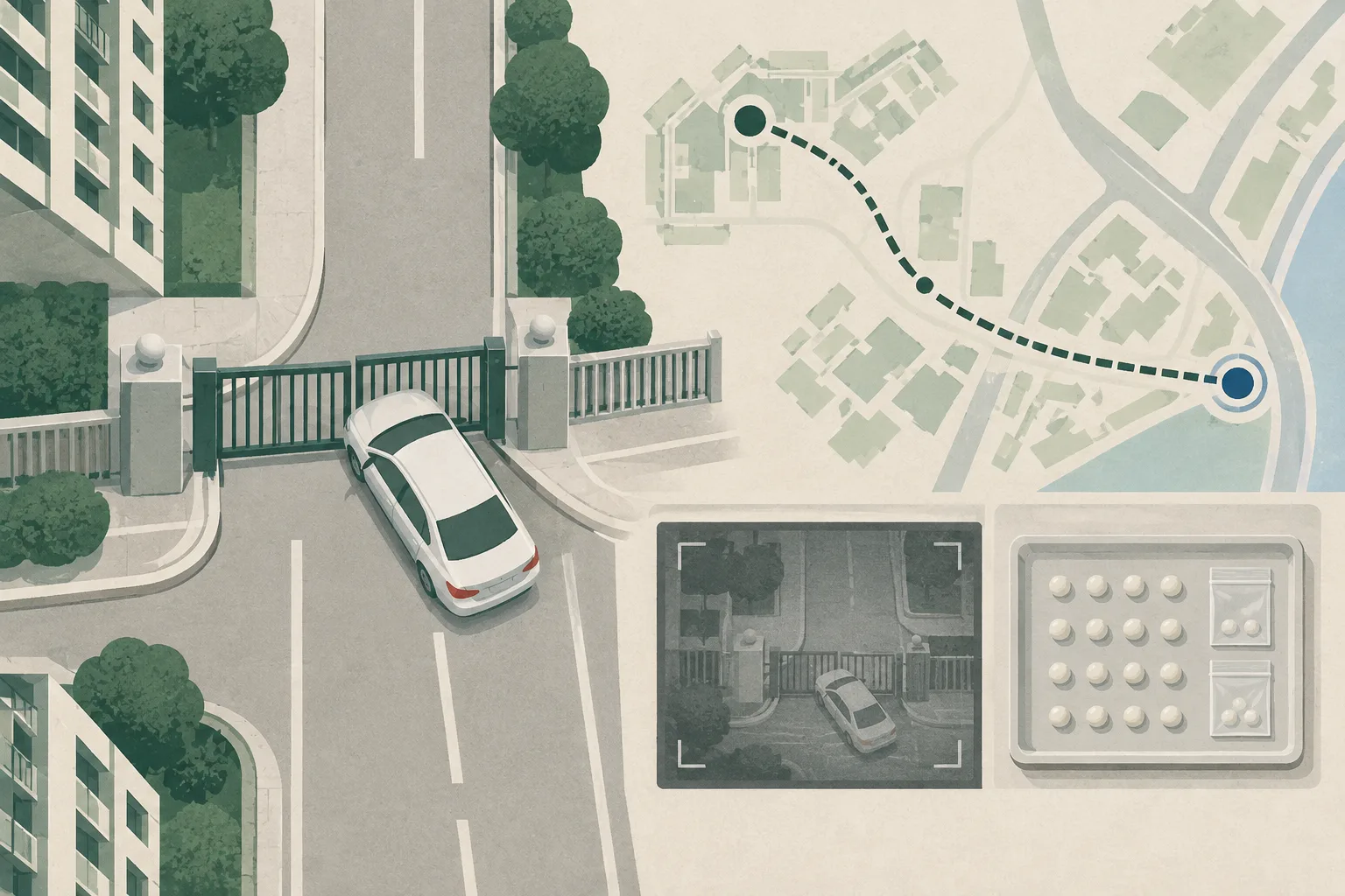 Top-down cut-paper diagram of a public-housing estate gate and railing with a car stopped at an angle, a broken route line leading to a second road marker, a small neutral evidence tray with abstract pellet marks, and a restrained CCTV frame motif.