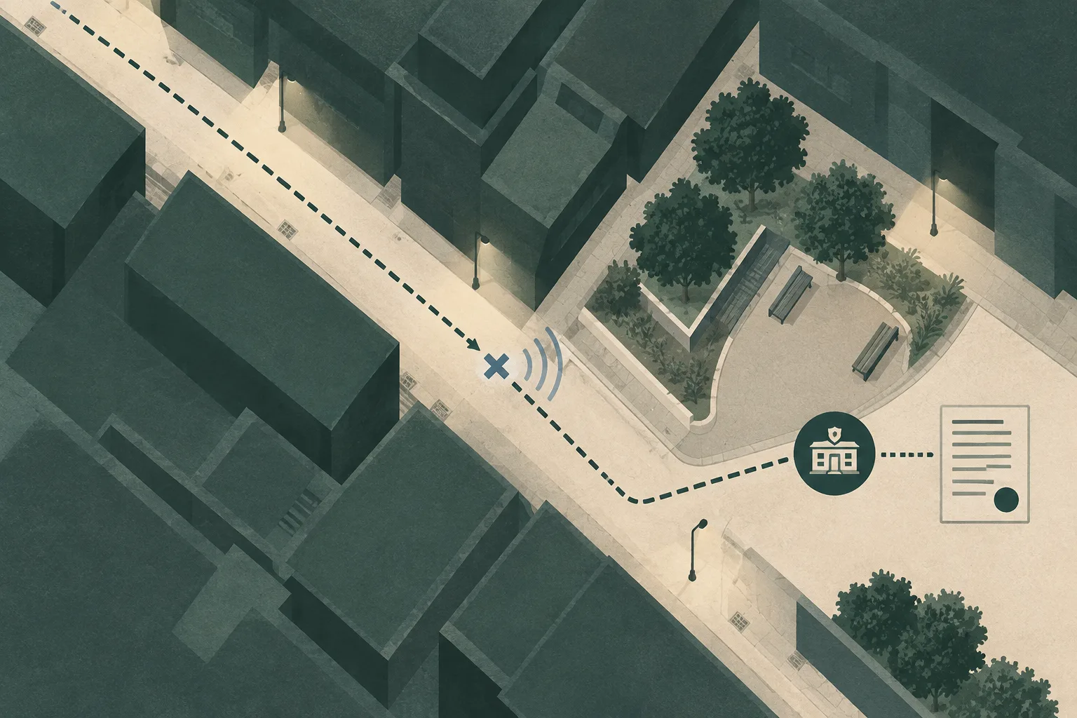 Top-down abstract map of a narrow night-time lane beside a small rest area, with an interrupted route line, subtle sound-wave arcs and a detached civic-response marker connected by a thin line.