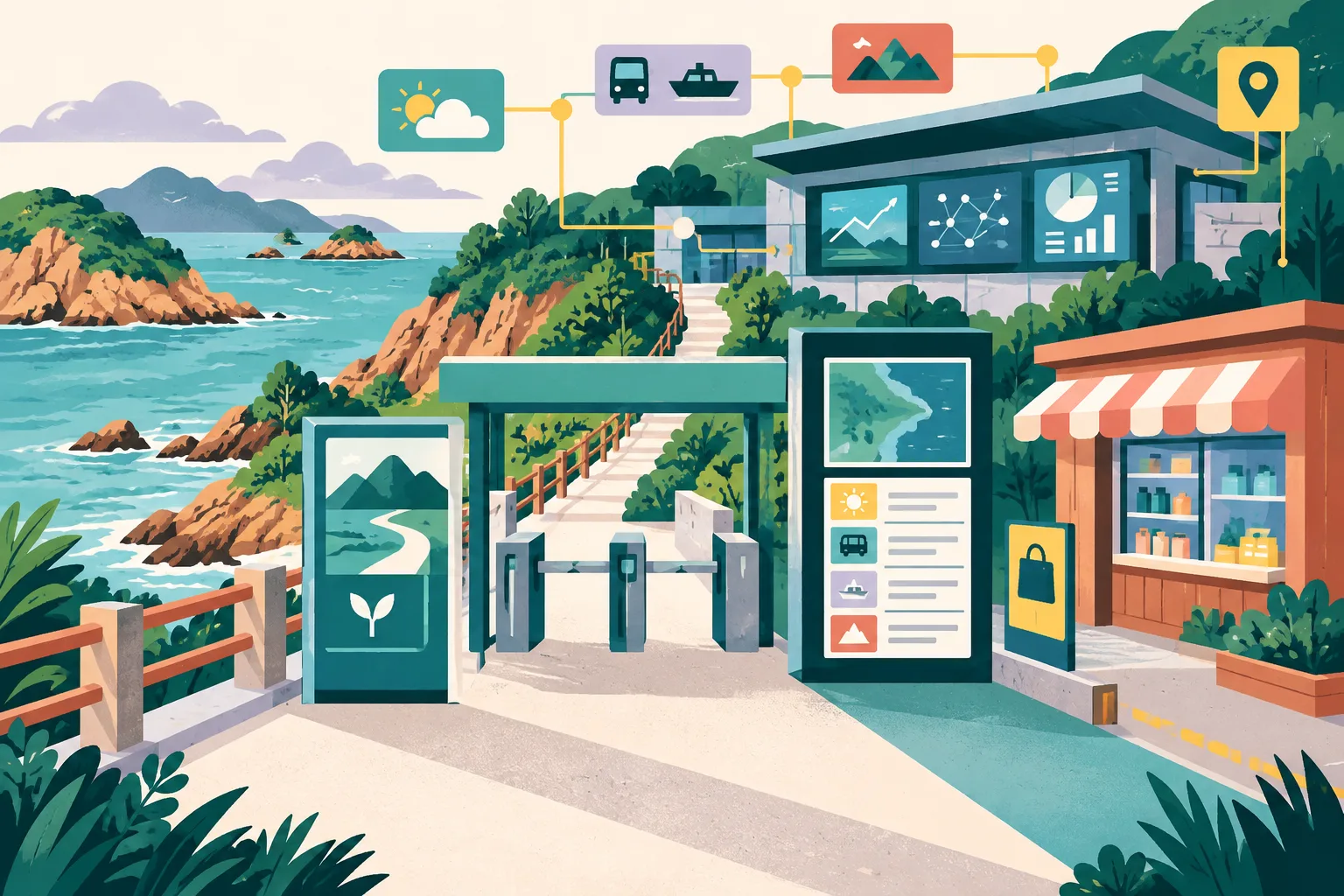 Flat cut-paper illustration of a Sai Kung coastal visitor site connected to colourful civic information panels, a reservation gate, transport and weather symbols, border-point markers and a small regulated shopfront, arranged as one coordinated visitor-support system.
