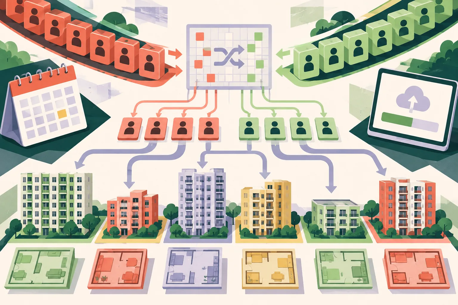 A cut-paper diagram shows two streams of numbered tiles passing through a computer-style grid and branching toward simplified apartment blocks and flat modules, with a small calendar and upload symbol indicating a scheduled selection process.