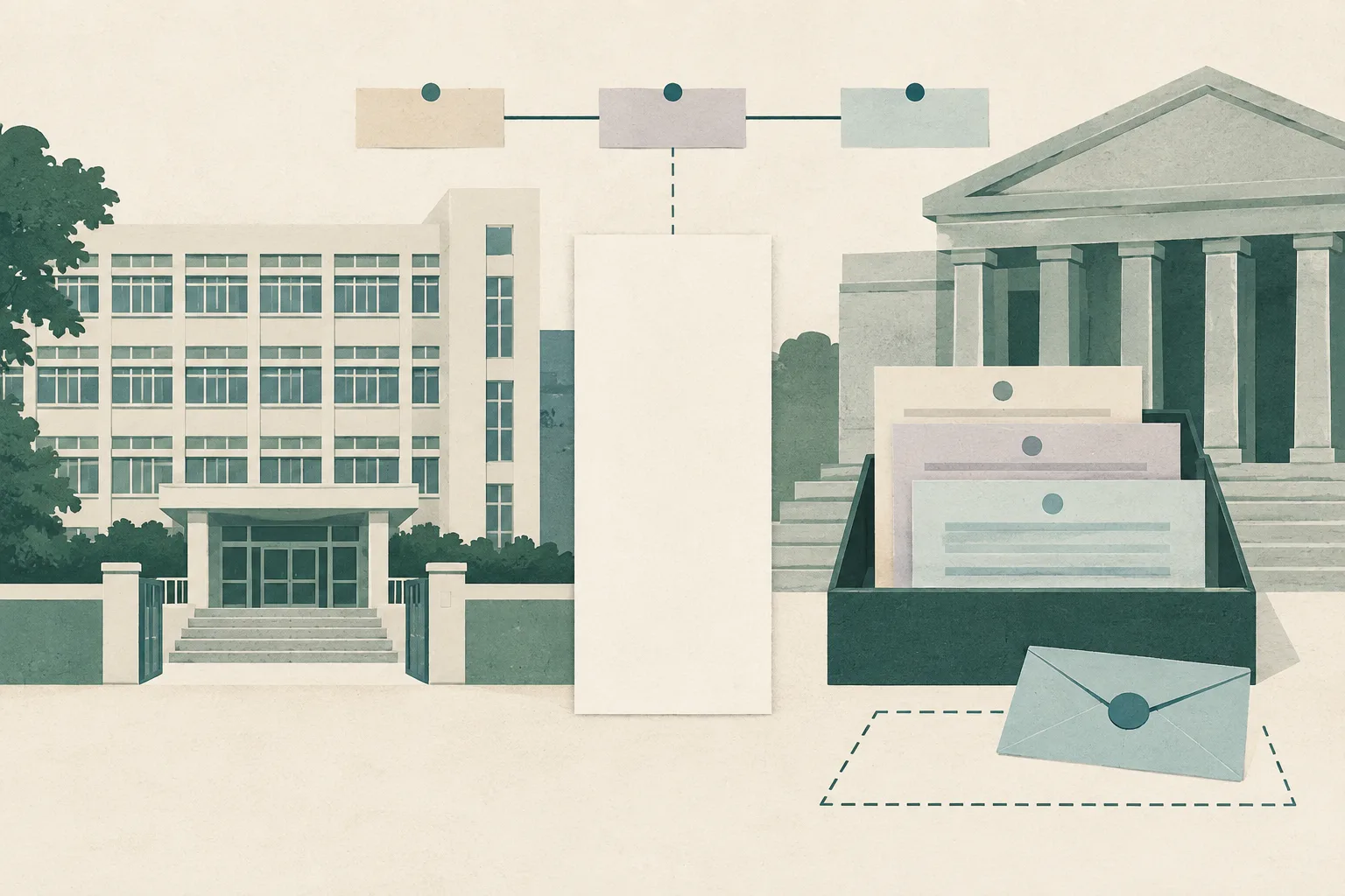 A flat cut-paper illustration shows a simplified school facade on one side and a courthouse document tray on the other, separated by a blank vertical panel. Three dated paper tabs cross the lower portion, with a sealed envelope and a simple boundary line nearby.