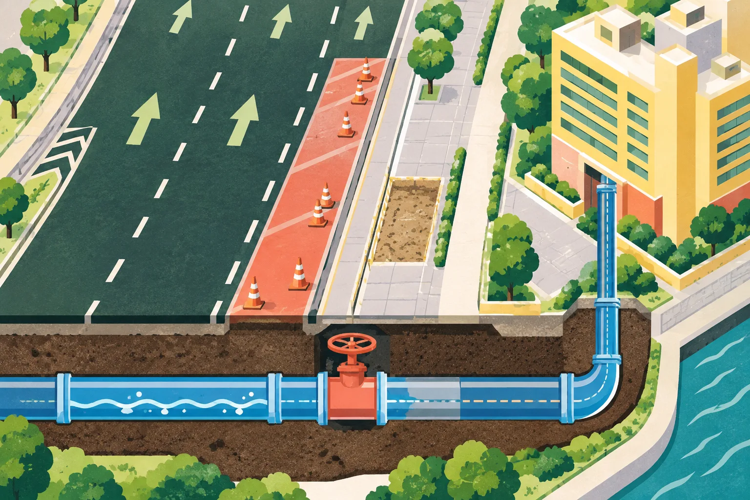 Cut-paper style top-down diagram of a Hong Kong road with one closed lane, an underground pipe route beneath the pavement, a shut valve, and a small building block representing the water-supply destination.