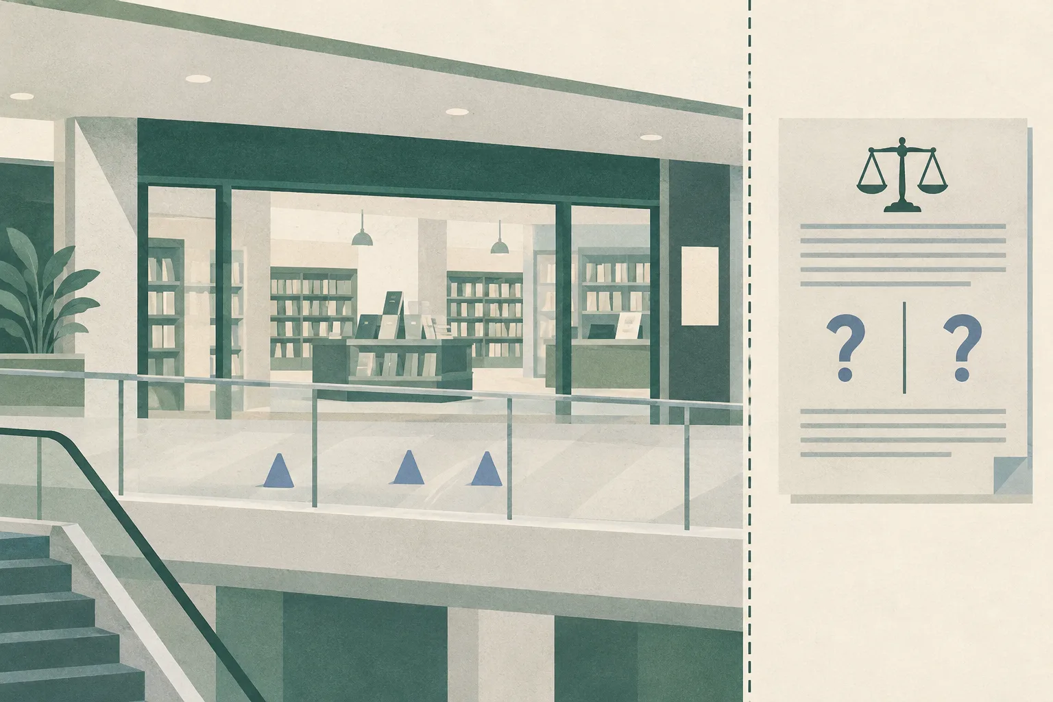 A restrained cut-paper illustration of a second-floor bookstore frontage in a shopping plaza, separated from a neutral court-document panel by a clear boundary line and three small abstract indicator marks.
