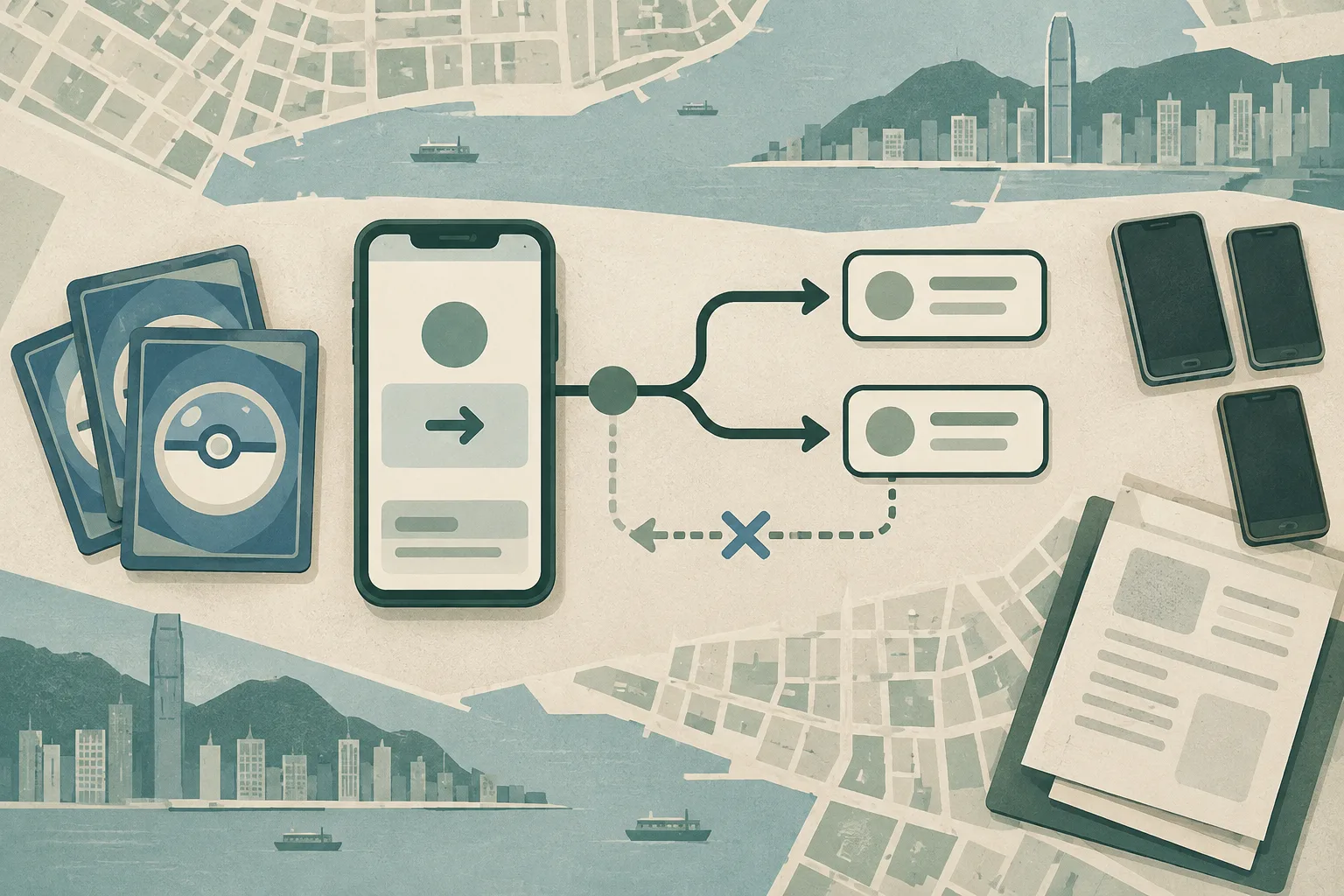 Top-down cut-paper illustration of Pokémon trading cards beside a simplified phone payment screen, where one transfer path branches into a second payment route and an interrupted return arrow.