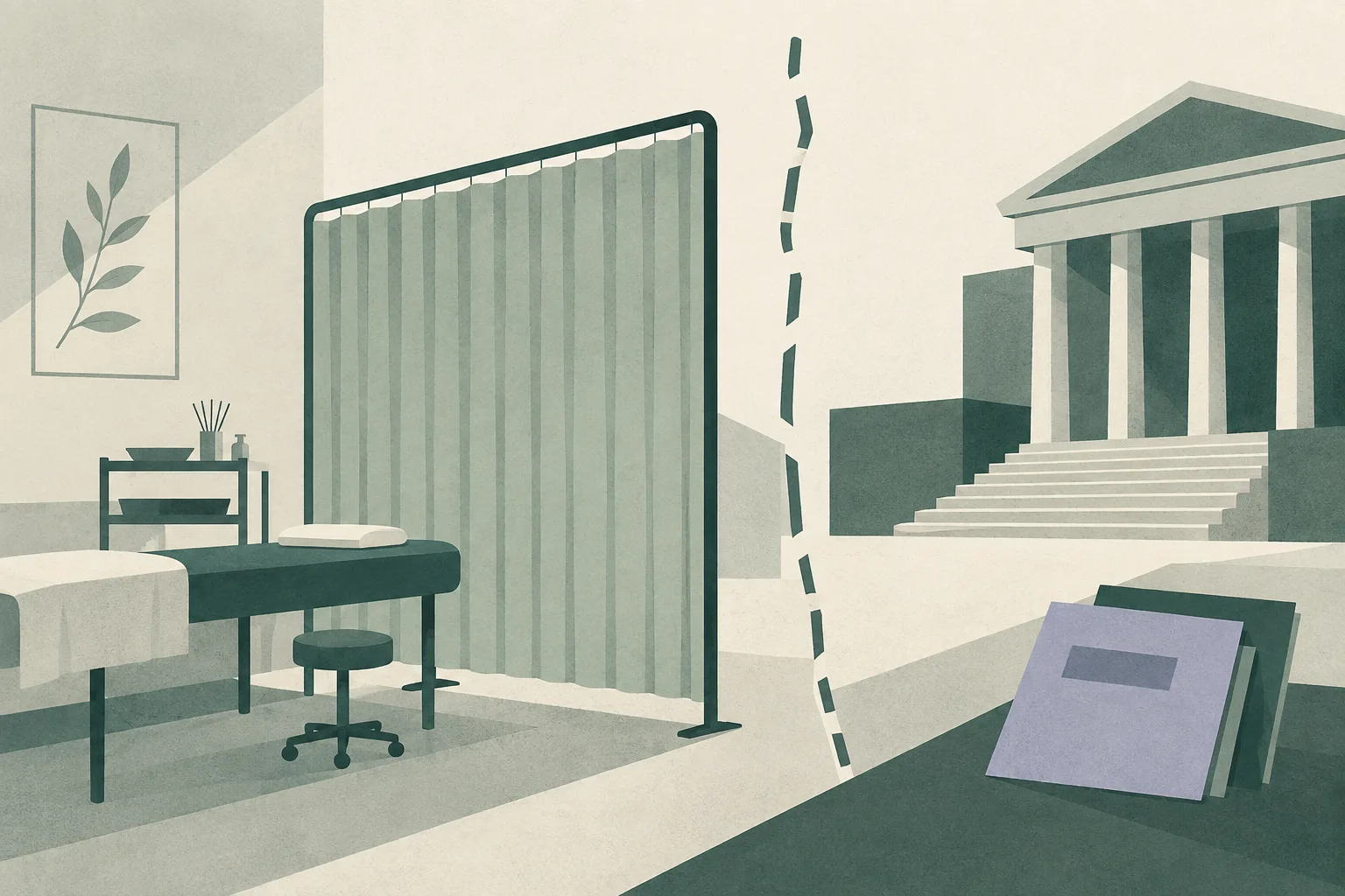 A low-contrast cut-paper illustration of an empty clinic treatment area divided by a closed privacy screen, facing a simplified courthouse block across an interrupted boundary line.