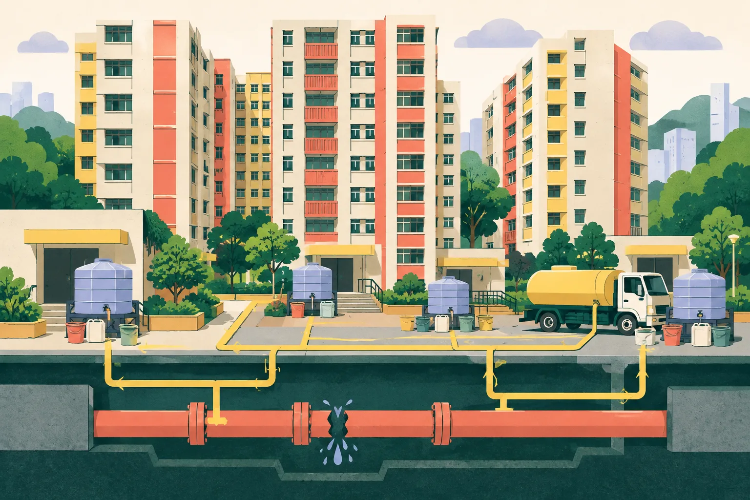 A cut-paper illustration of simplified residential blocks linked by an interrupted water pipe, with four temporary water tanks, one service truck and a few bags and buckets arranged at building entrances.