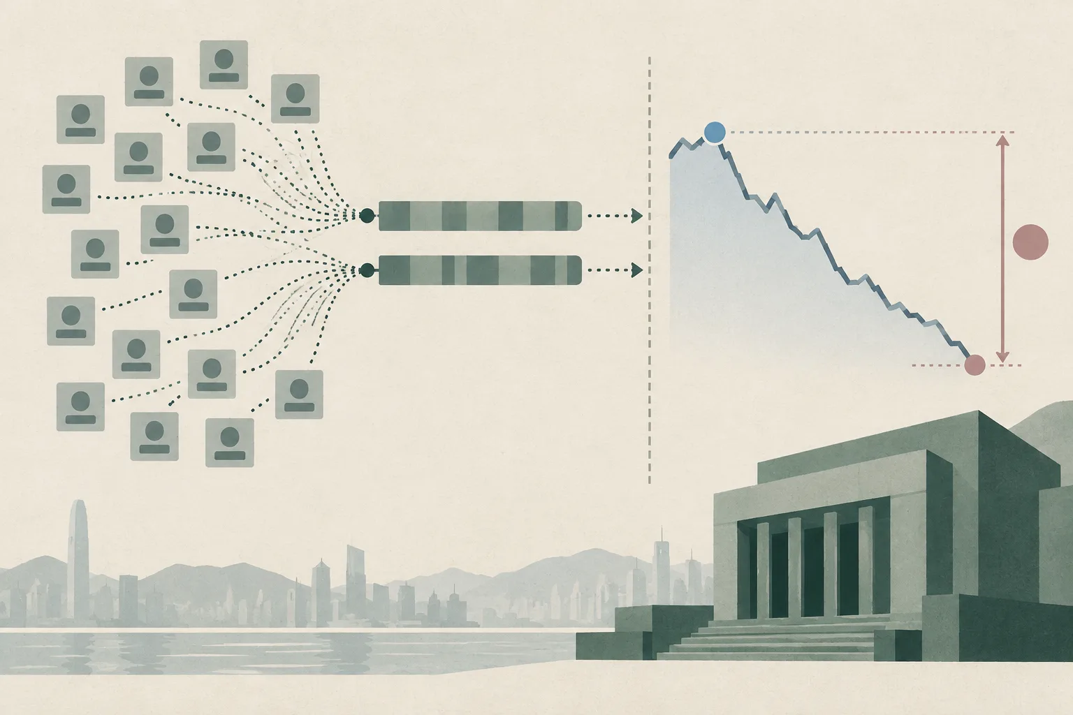 A restrained top-down diagram shows anonymous account tiles feeding paired trading channels beside a simplified court building, with a separated downward price path marked from HK$1.02 to HK$0.15 and an 85% loss notation.