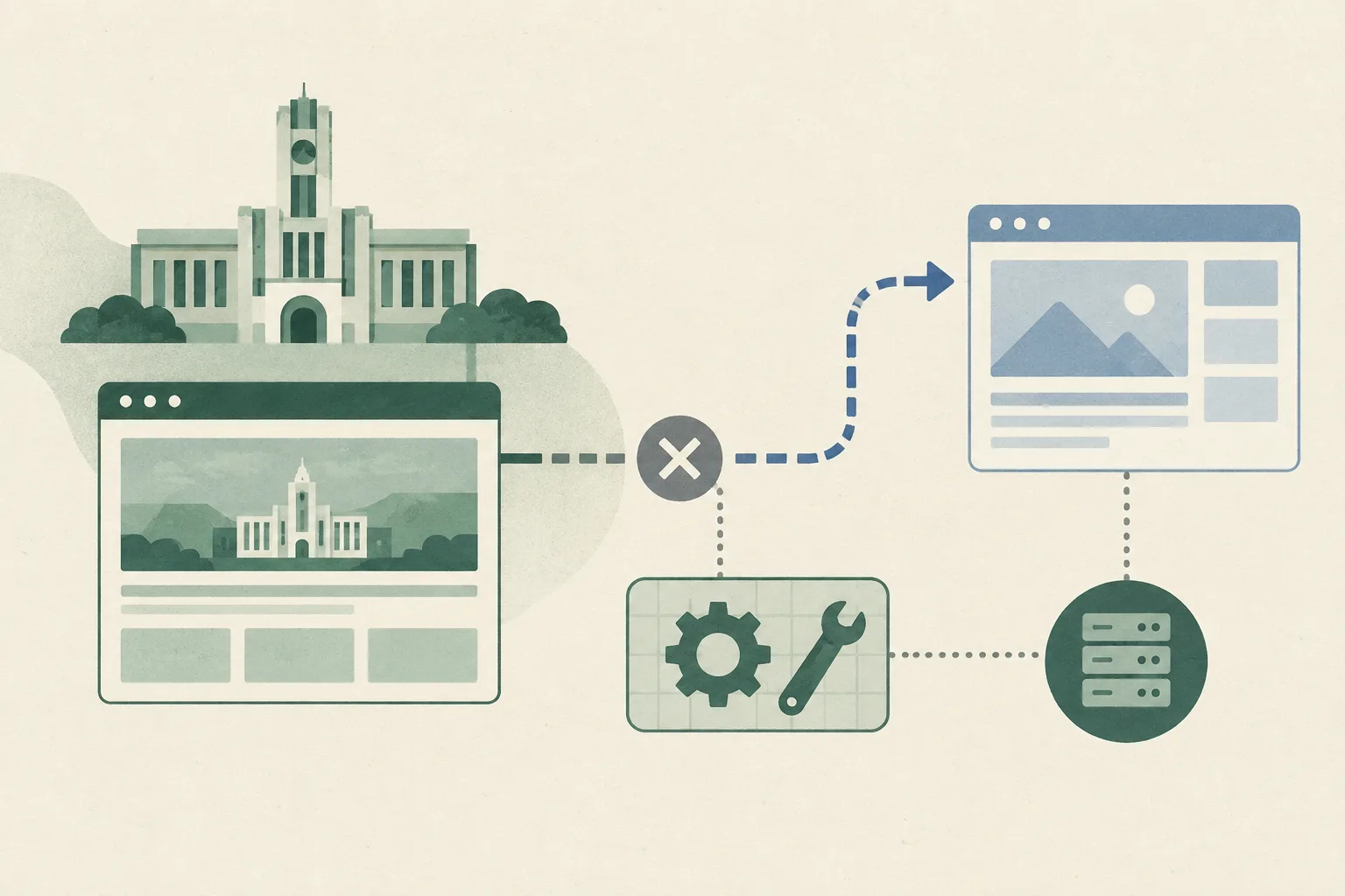 A low-chroma diagram shows a university website gateway with its access route temporarily interrupted, an abstract external webpage panel beyond the break, and a small connected repair grid representing IT follow-up.